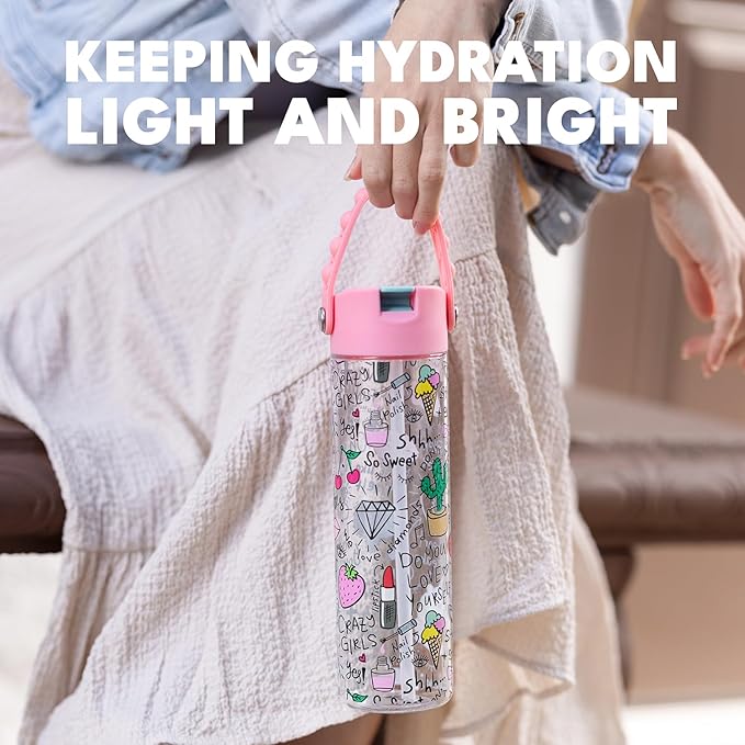 Elemental Splash Water Bottle with Straw - BPA-Free Tritan Plastic Reusable Water Bottle with Pop It Strap - Ideal for Travel, Gym and Sports - Leak Proof when Spout is Closed - 26oz - Girl Power