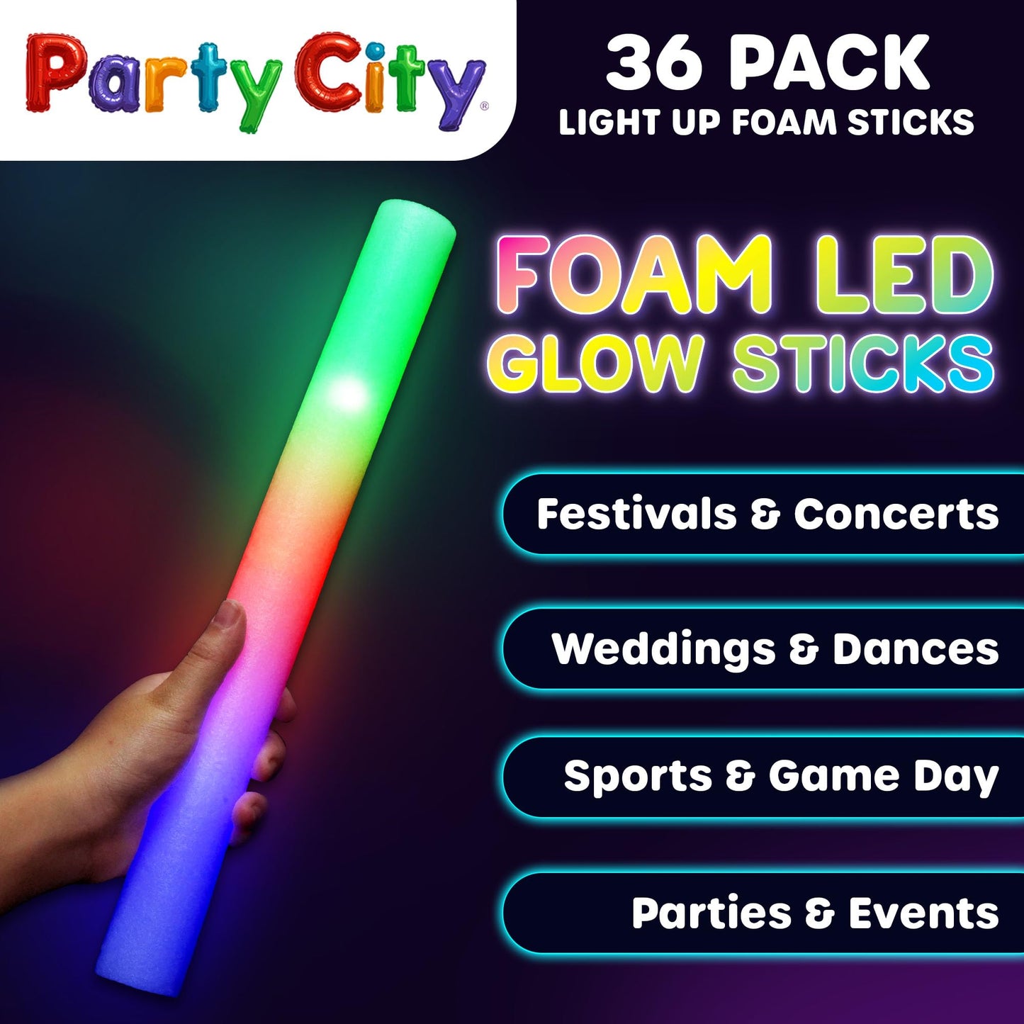 Party City 36Pk Led Foam Glow Sticks 14 - Glow In The Dark Party Supplies Favors  Colorful Flashing Wand With 3 Modes  Foam Light Up Sticks Bulk Party Pack For Wedding  Birthday  Concert  Halloween