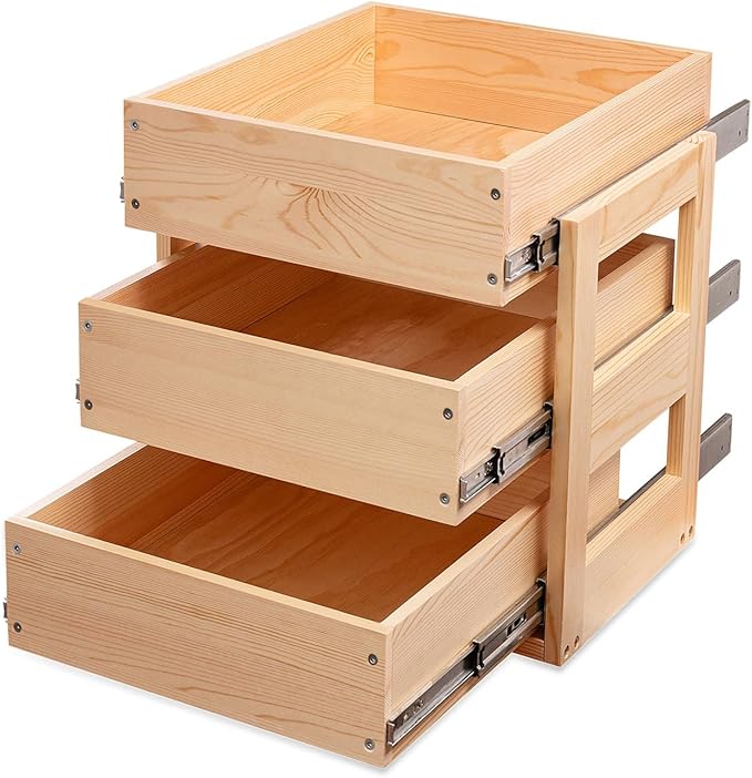 Pull Out Drawers For Cabinets, 17''W×21''D×19''H Soft Close Slide Out Wood Shelves Storage Organizer for Kitchen, 3-Tier, Finished, Heavy-Duty, Bottom Assembly