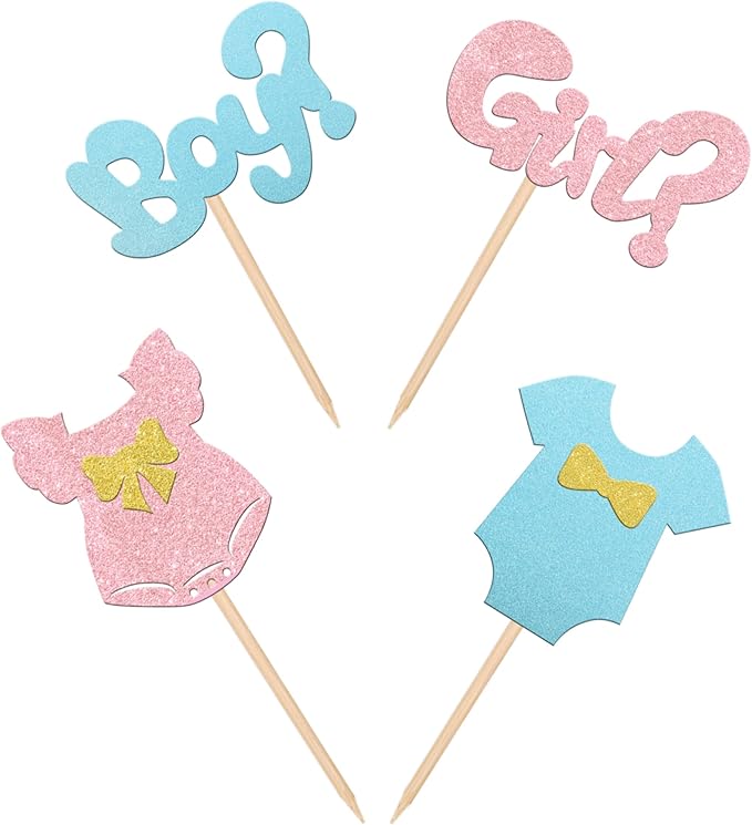 Rsstarxi 24pcs Cake Topper Paper Boy or Girl Toppers with Glitter Bow Tie Skirt, for Baby Shower, Birthday & Gender Reveal Party Decorations
