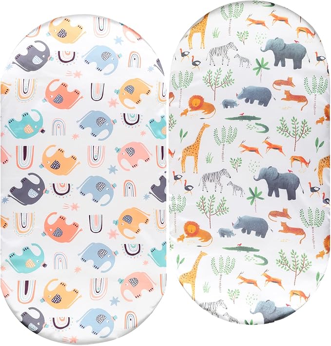 Bassinet Sheet Set 2 Pack Satin Ultra Soft Silk Fit for Rectangle, Hourglass, Oval Bassinet Mattress Protect for Baby Hair and Skin Cradle or Bassinet Sheets, Elephant & Rhino Lion