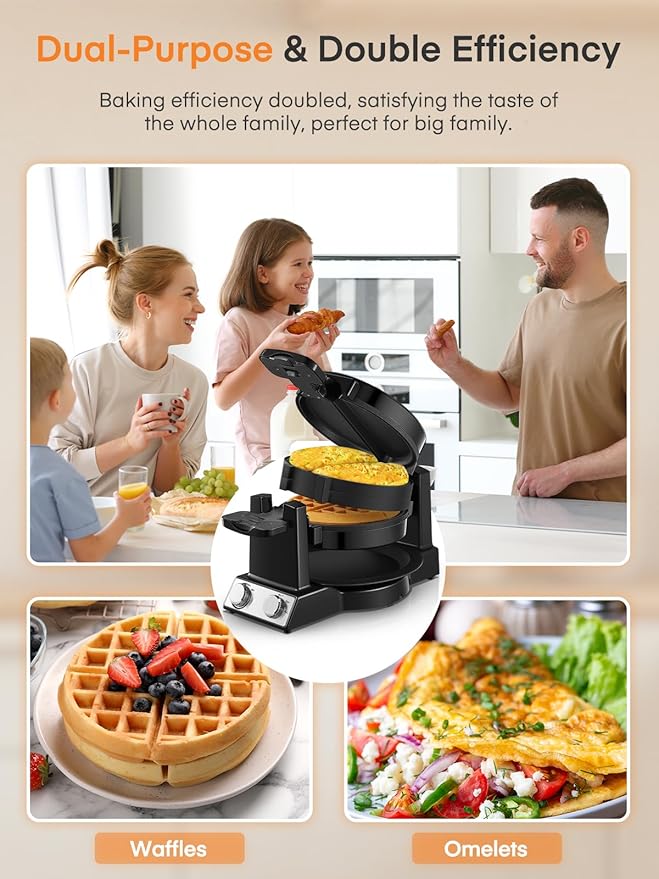 FOHERE 2-in-1 Waffle Maker & Omelette Maker, 1400W Double Belgian Waffle Iron 180° Flip, Adjustable Browning Control, Rotating & Nonstick Pans, Removable Drip Tray, Cool Touch Handle (Dark Black)