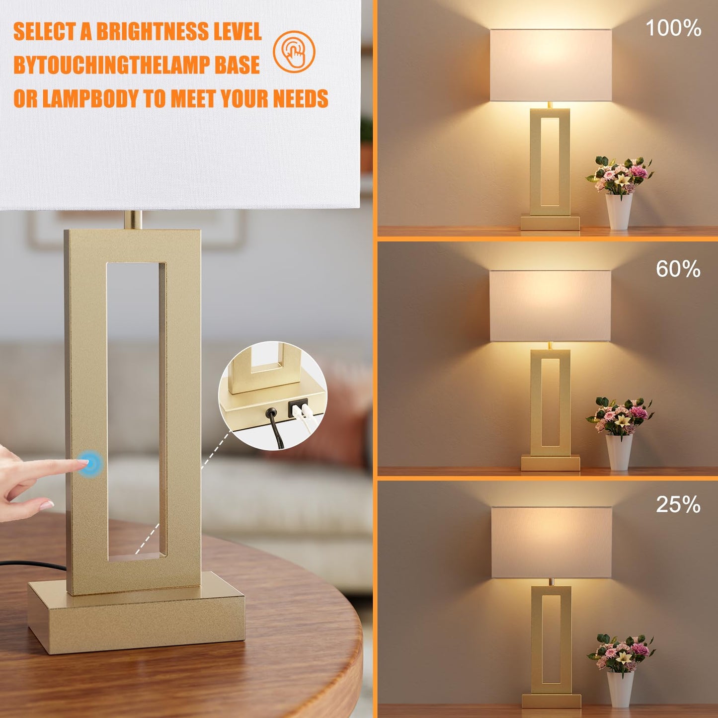 Seealle Nightstand Table Lamps Set of 2, Touch Control, USB C+A, 3-Way Dimmable, Medium, White&Gold, Model: jinshumian1 16