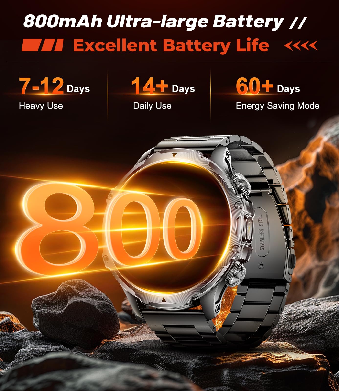 Military Smart Watch For Men,1.85  Hd/800Mah Battery Smart Watches With Led Flashlight For Android Ios (Bluetooth Call Answer/Ca