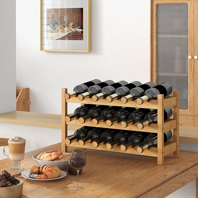 Giantex Bamboo 3-Tier 18-Bottle Wine Storage Cabinet Shelf, Small Countertop Wine Organizer for Kitchen, Bar, Pantry & Wine Cellar, Natural