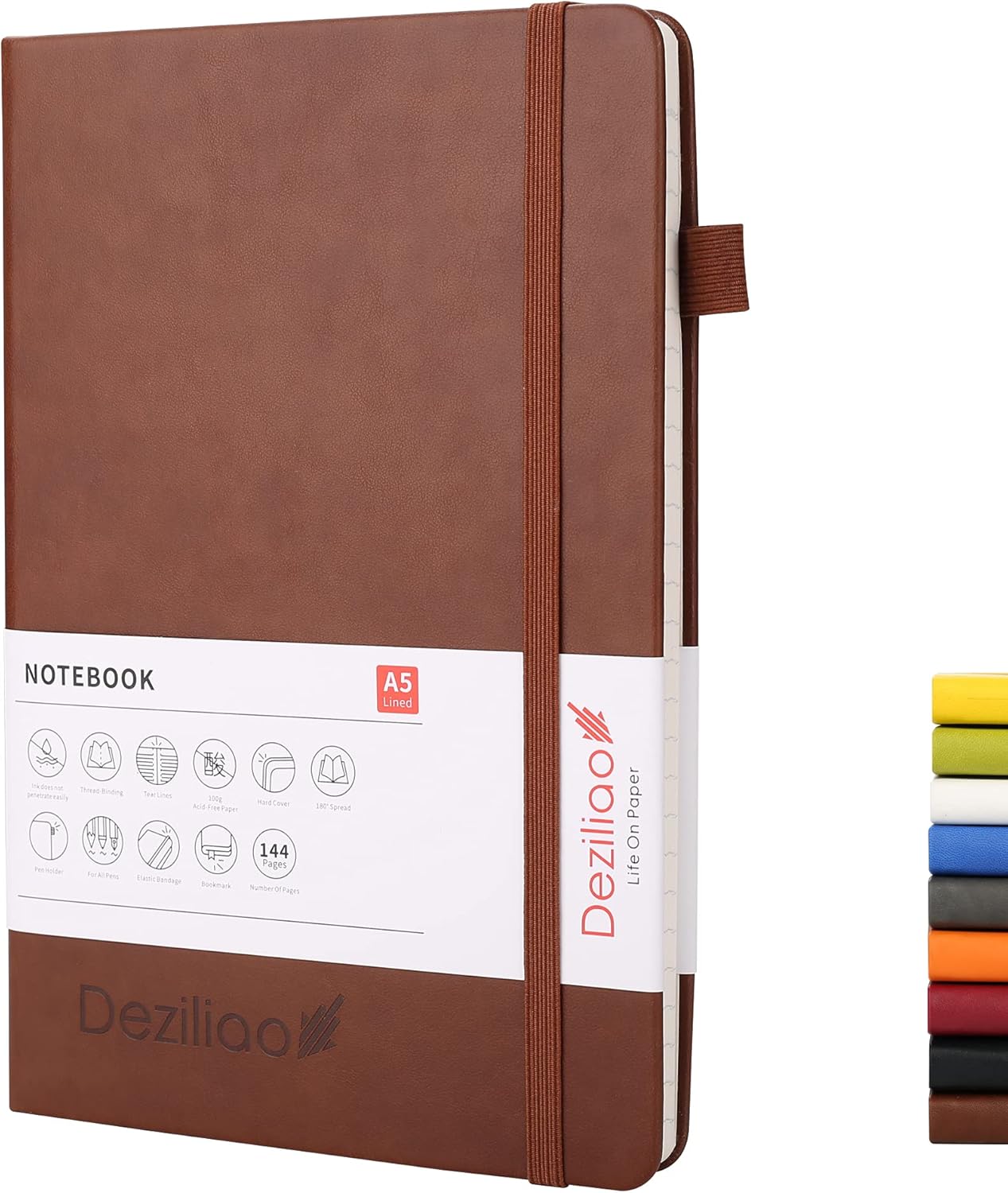 Deziliao Lined Journal Notebooks with Pen Loop, Hardcover Notebook Journal for Work, 100Gsm Premium Thick Paper with Inner Pocket, Medium 5.7"x8.4", （Brown, Ruled）