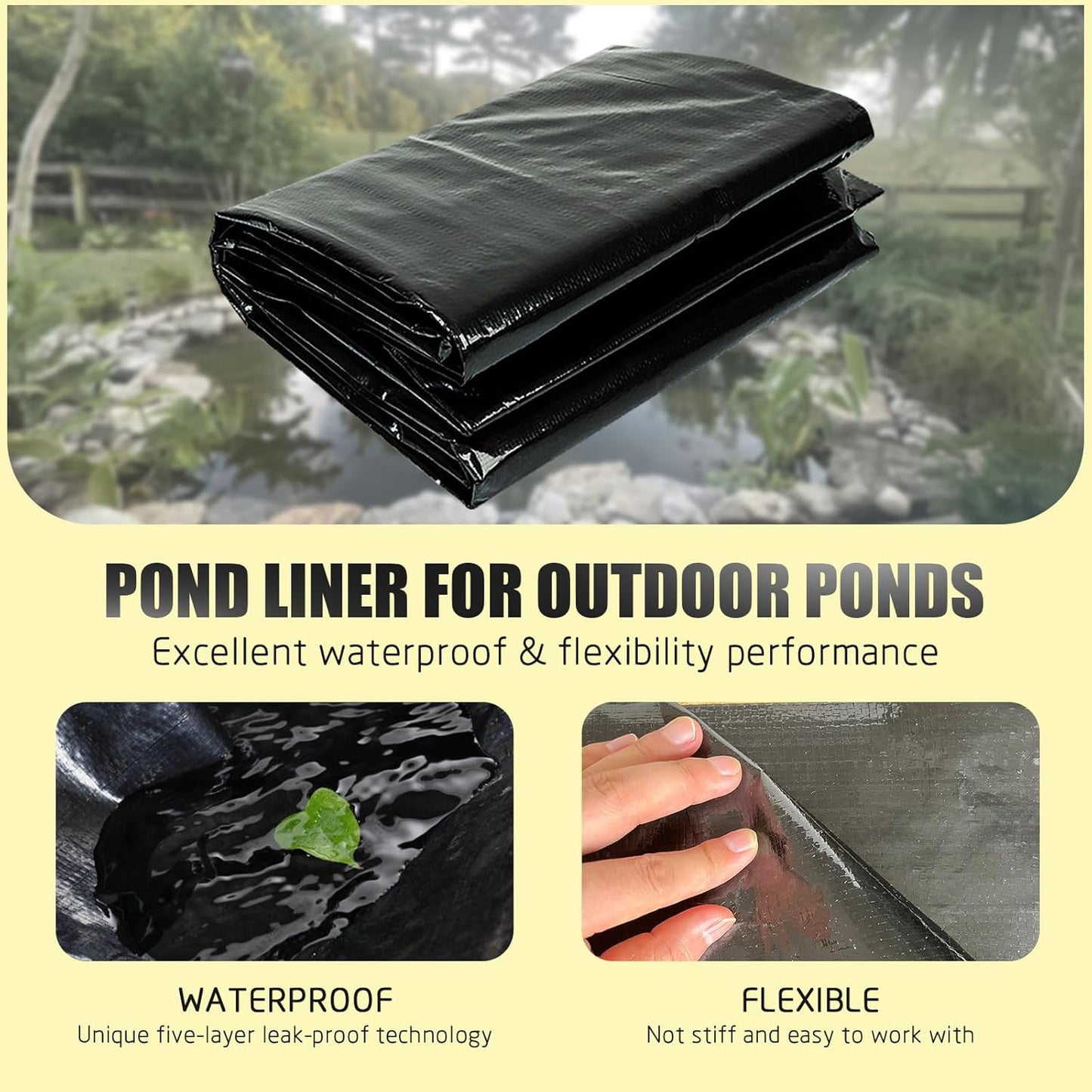 yeezoo 25X30FT Reinforced Large PE Pond Liner, KOI Pond Liners for Outdoor Ponds, Enhanced 5-Layer Structure Pond Liner for Fish, Duck, Garden Raised Bed and Waterscape Pond(0.82oz/sq ft Thickness)