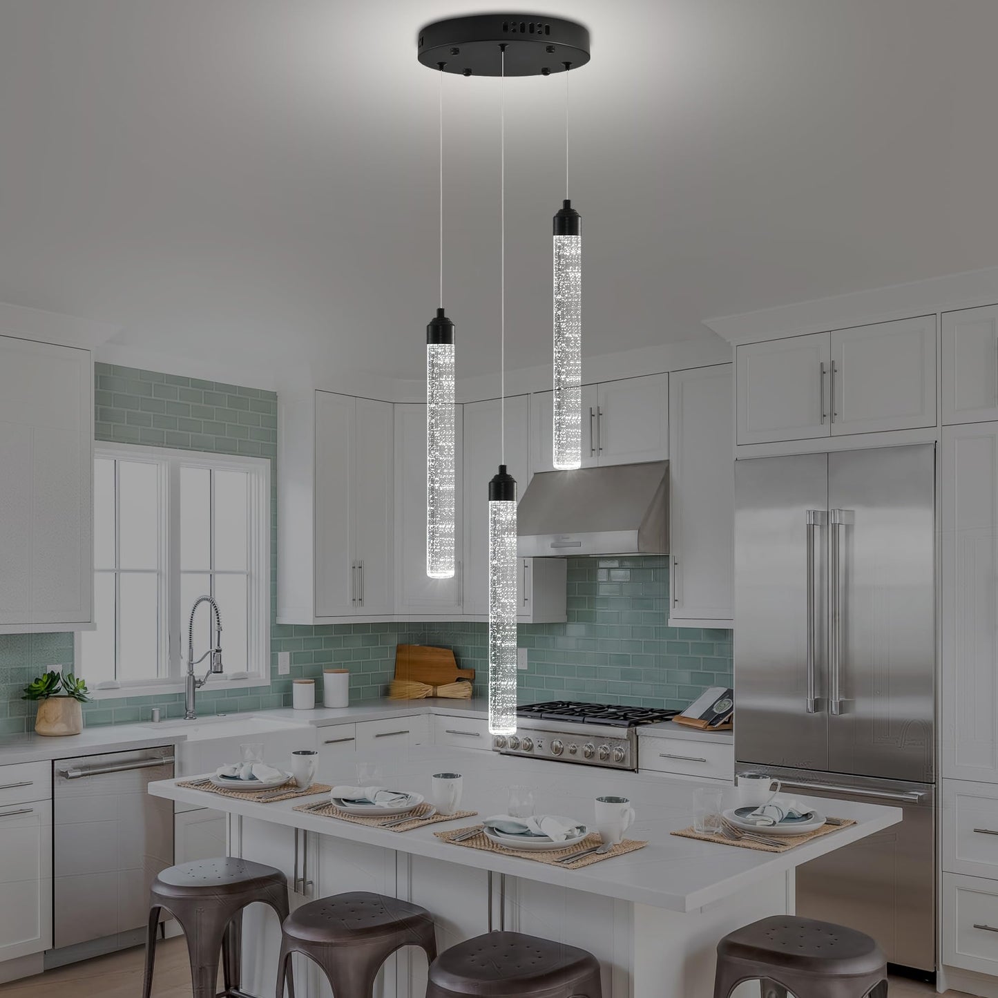 Ywuechwu 3-Light Modern Dimmable Led Crystal Chandelier - Black Mini Pendant Lighting With Spiral Raindrop/Bubble Cluster Pendant For Kitchen Island  Dining Room  Living Room  Foyer