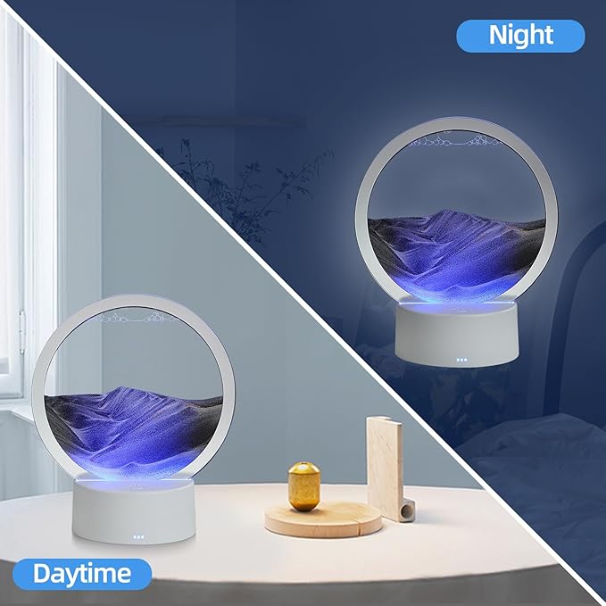Moving Sand Art Liquid Motion, 3D Deep Sea Sandscape Color Quicksand Decor, Round Glass Moving Sand Art Picture Relaxing Desktop Home Office Work Decor (Black, 6 inch)