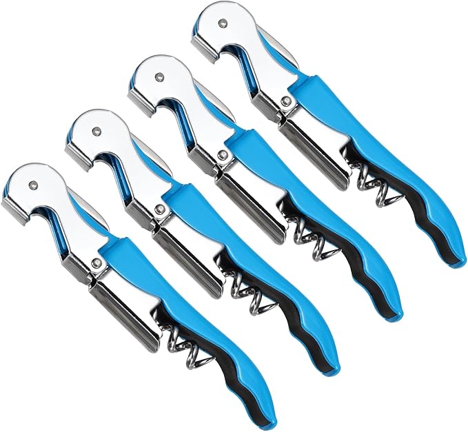 uxcell 4 Pcs 4.8" Stainless Steel Wine Opener, Waiter Corkscrew Professional Wine Key Bottle Opener with Double Hinged Foil Cutter for Bar Servers Waiter Bartender and Home, Blue