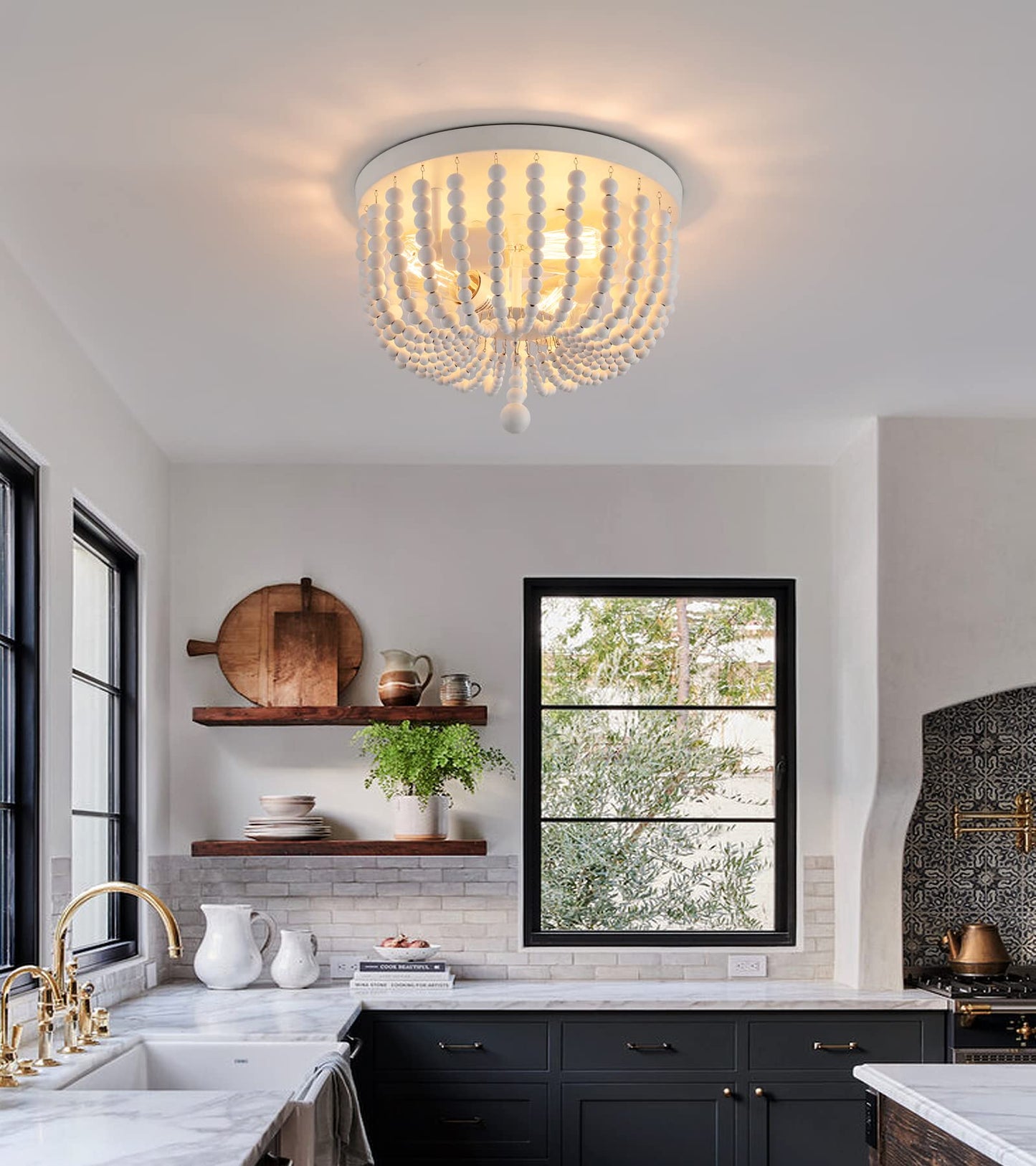 Q&S White Boho Beaded Chandelier Light Fixture, 3-Lights, Metal And Wood Bead, Flush Mount For Bedroom, Kitchen, Dining Room