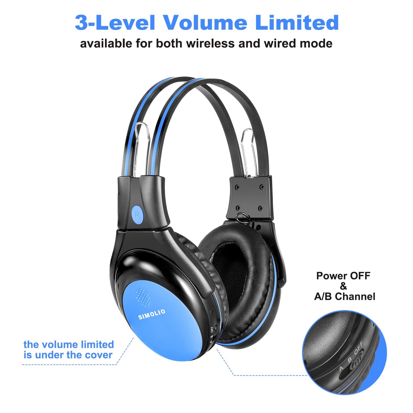 Simolio Wireless Ir Headphones With 3 Levels Volume Limiting, In Car Ir Headphones With Audio Share, 2 Channel Foldable Infrared