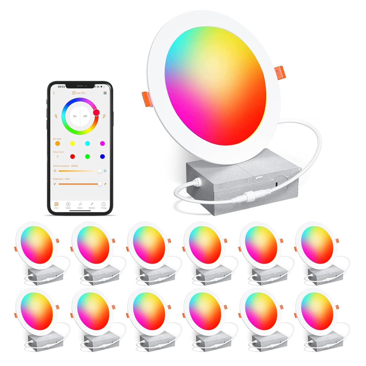 Recessed Lighting 6 Inch RGBCW Color Changing Smart Recessed Ceiling Lights 16W 1350LM LED Downlights Dimmable by Alexa & APP, 2700K-6500K,16 Million Colors - DIY Scenes - Timer - 23 Modes (12 Pack)
