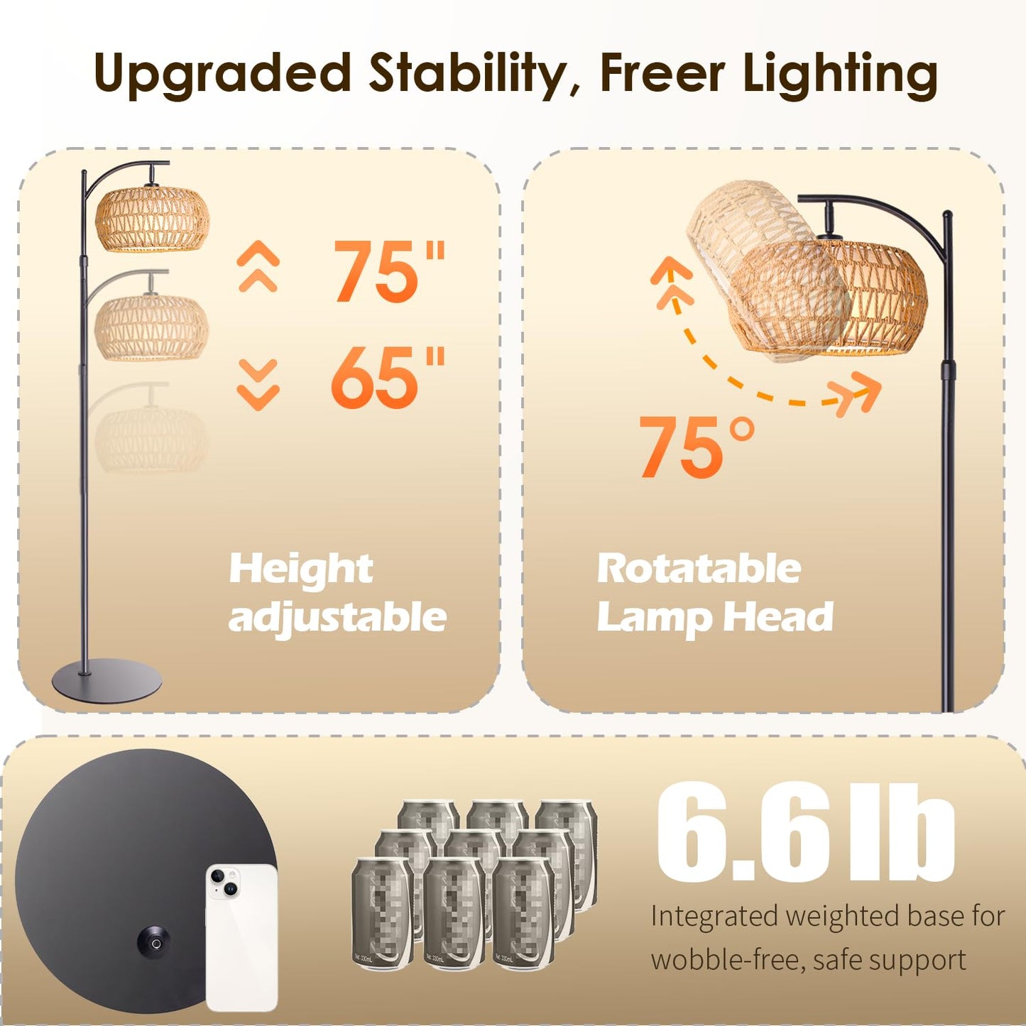DRAWNCAT Boho Rattan Floor Lamp, 12W LED, Adjustable Height 48-60 Inch, Remote Control, Black, Model FL-BO33