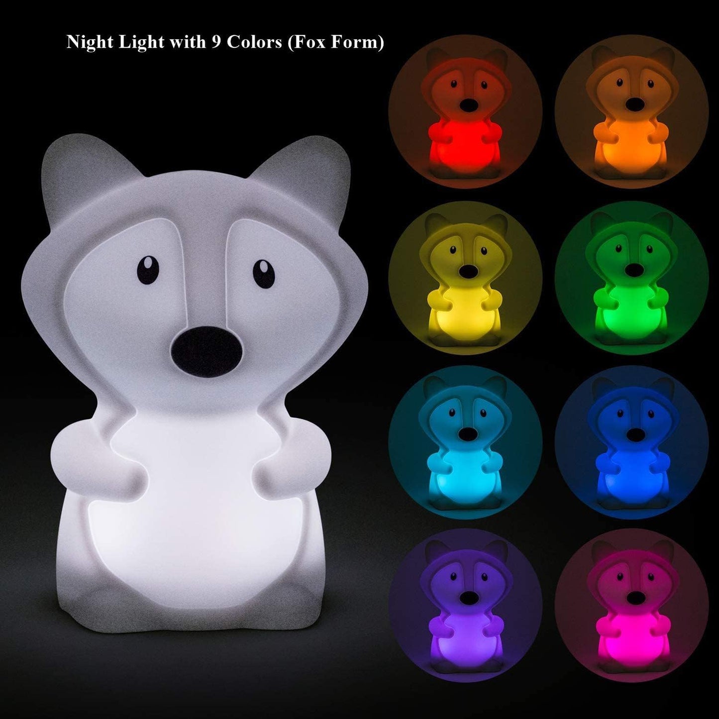 Tianhaixing Fox Kids Night Light, Rechargeable LED Lamp, RGB Colors, Silicone, Model THX8858, White