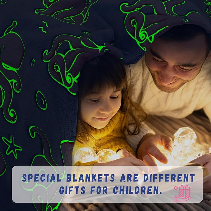 Octopus Blanket Glow in The Dark Ocean Blanket Soft Pink Octopus Gifts Toys Decor Blue Fleece Kids Throw for Boys Girls Teens Birthday
