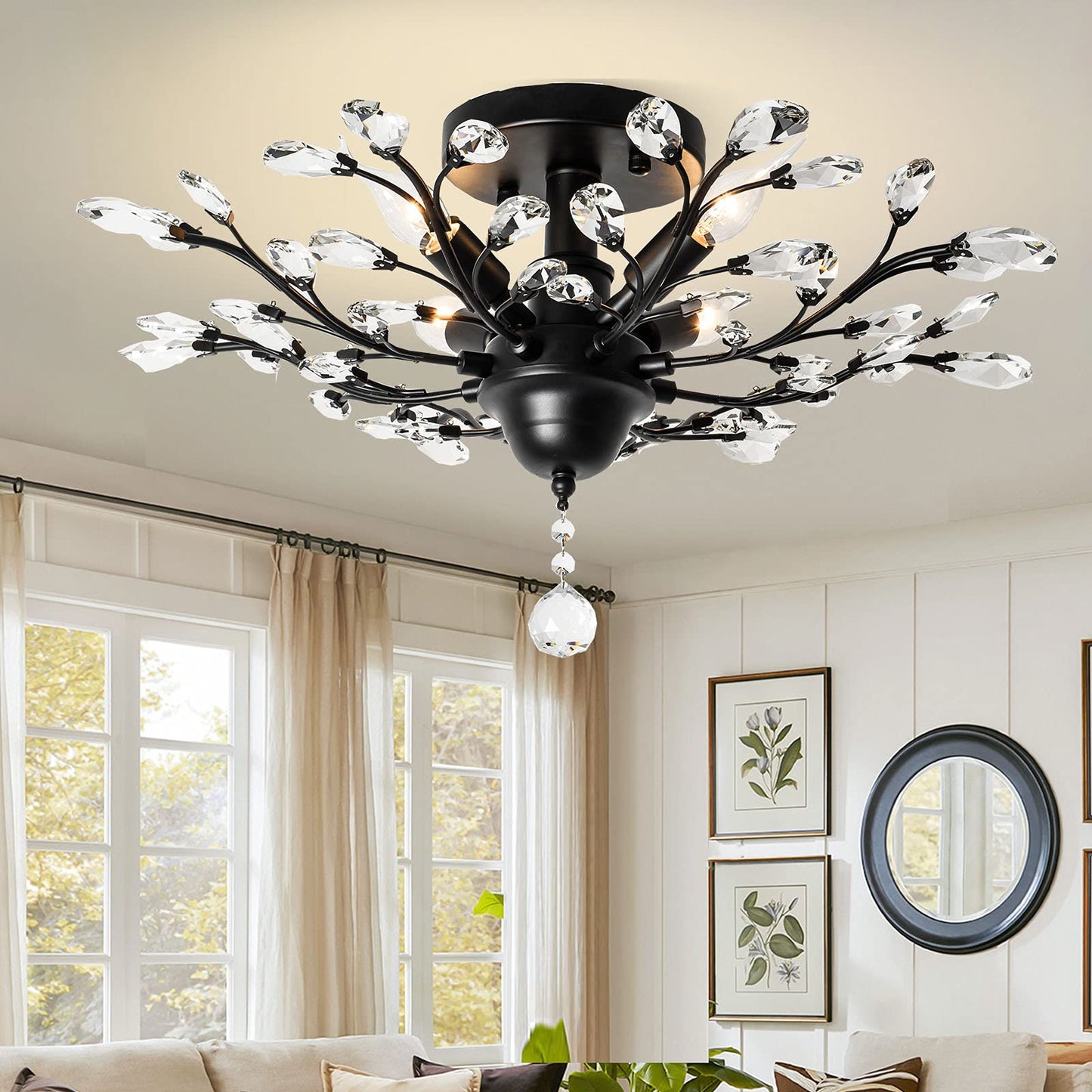 Ganeed Crystal Chandelier, Vintage K9 LED Ceiling Light, 4-Light Flush Mount, Black, Model GLM-XDD-4B
