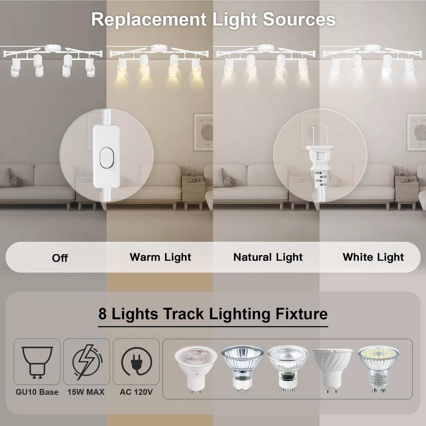 Track Lighting Plug In  Led Track Lighting Fixtures Ceiling Kit  White 8-Light Ceiling Light Plug-In  Wall Light With 15Ft Power Cord  Rotatable Kitchen Spotlight For Bedroom(Gu10 Socket  No Bulb)