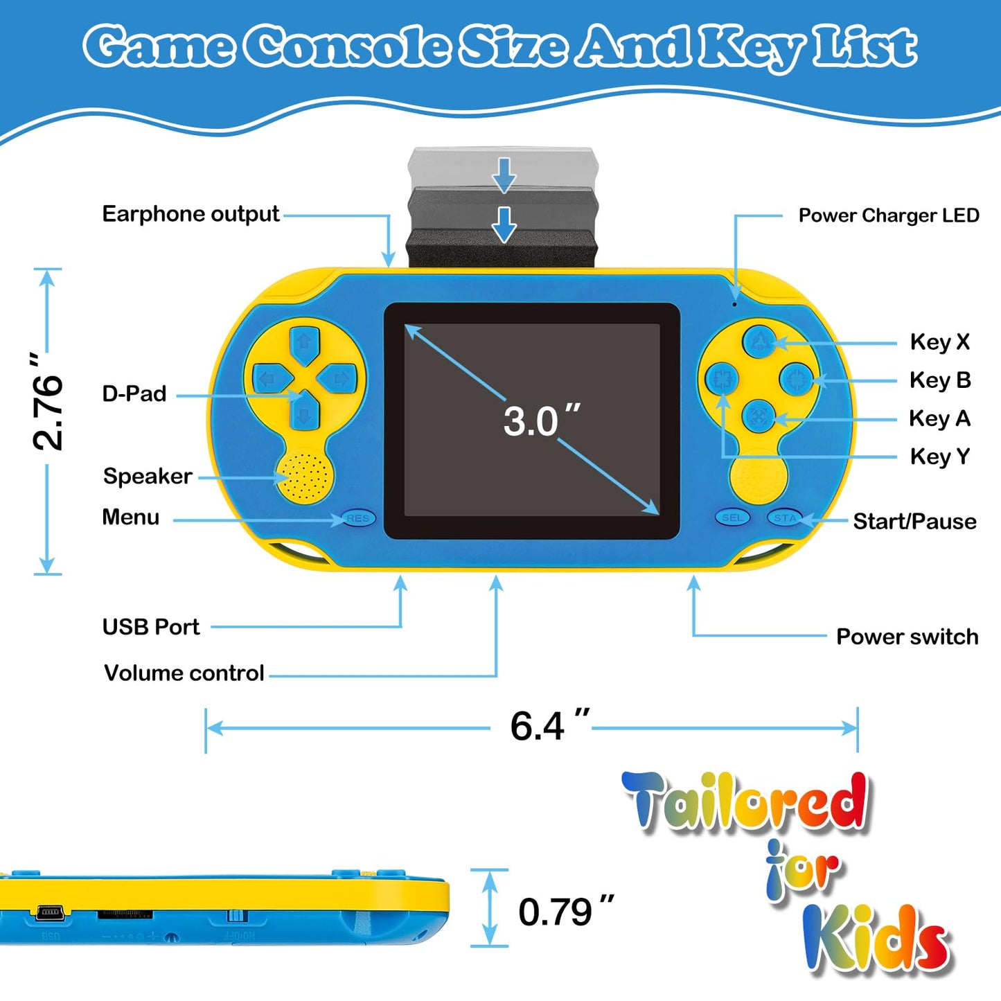 16 Bit Handheld Game for Kids, Video Game Player with Built in 230 HD Games, 3.0'' Screen Retro Electronic Machine with 3 Cartridges, Portable Rechargeable Games for Ages 3-12(Blue)