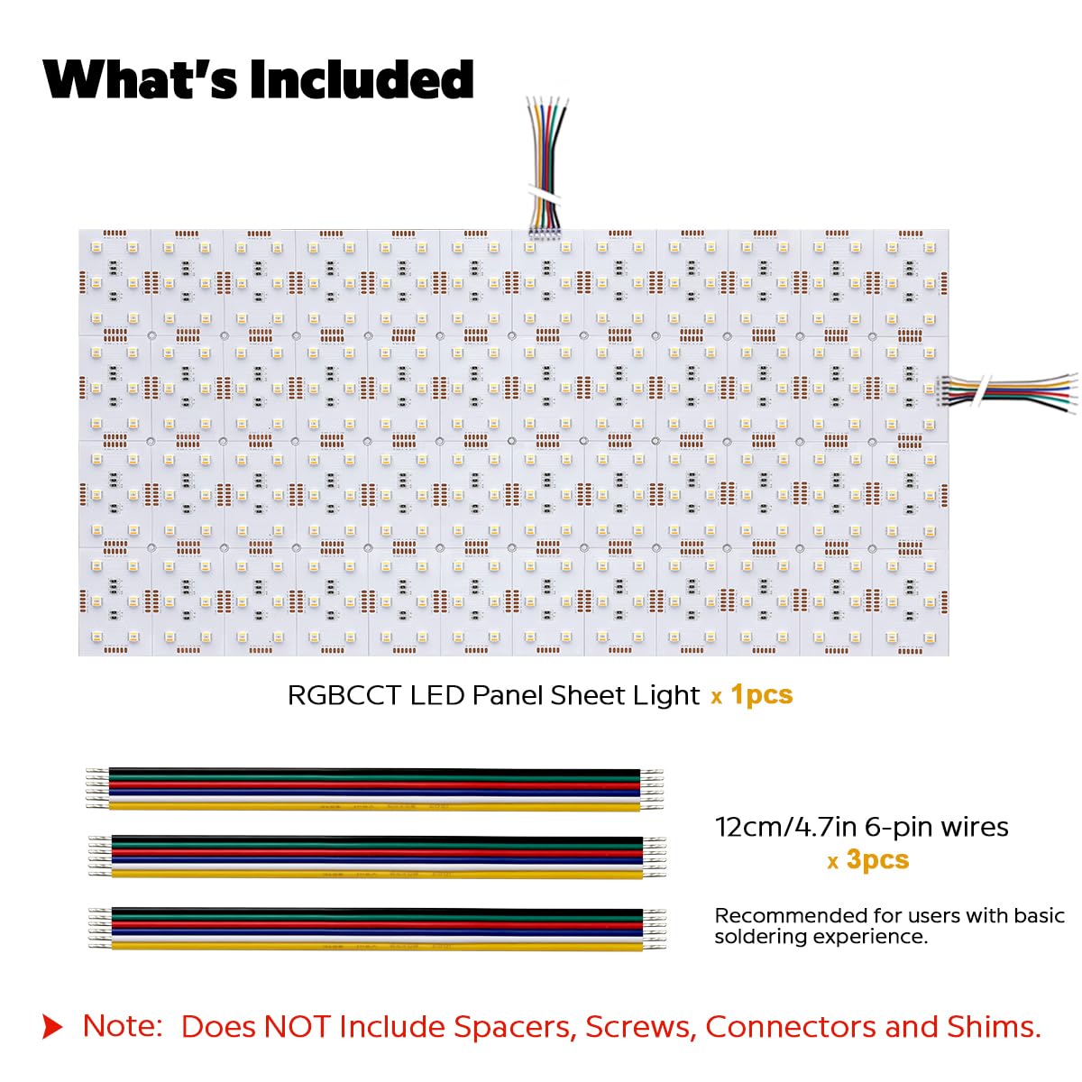19"x9.5" Flexible LED Panel Sheet RGBCCT 5in1 Color Changing Ultra Thin Cuttable 90W 2.5A 24V LED Light Sheet RGBWW 2600K~6500K, Adhesive Backing, 288LEDs (RGB+CCT(2600-6500k))