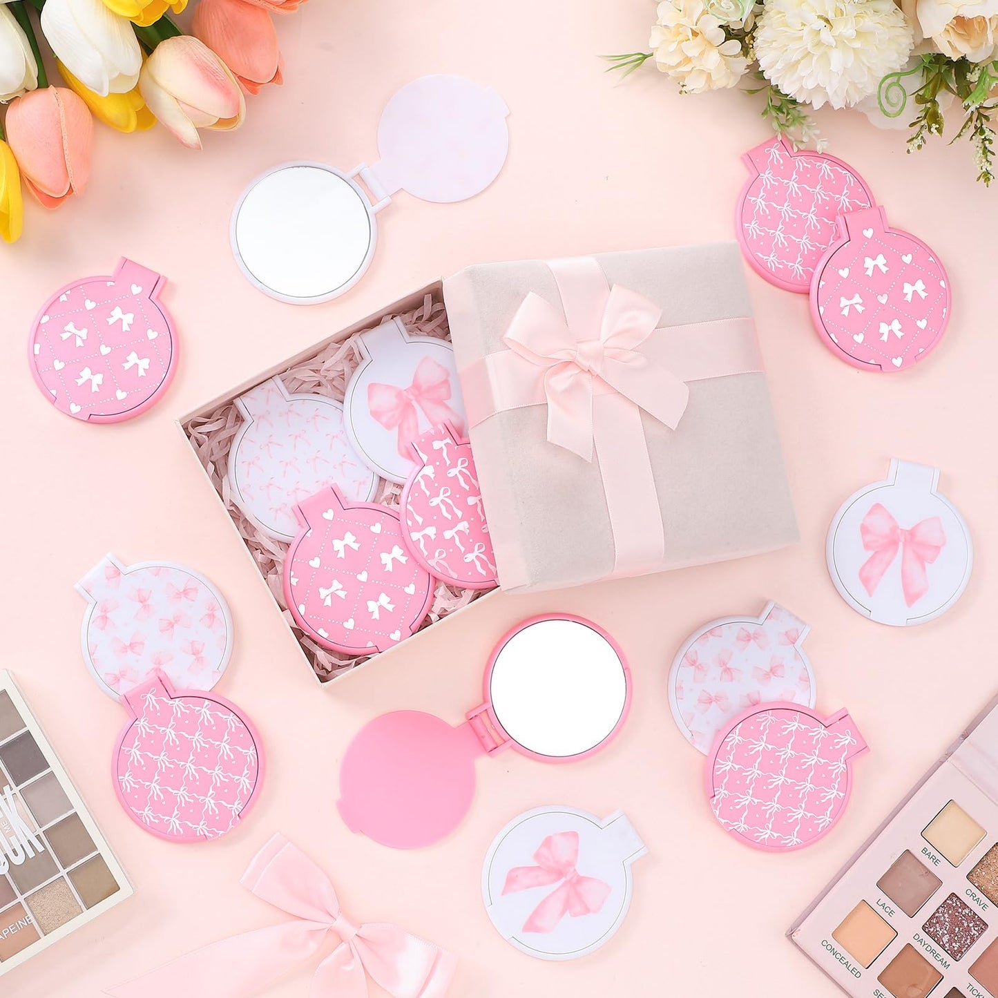 Namalu 36 Pcs Pink Bow Coquette Mini Compact Mirrors Party Gifts Bulk for Women Portable Round Pocket Makeup Mirror Gift for Qui