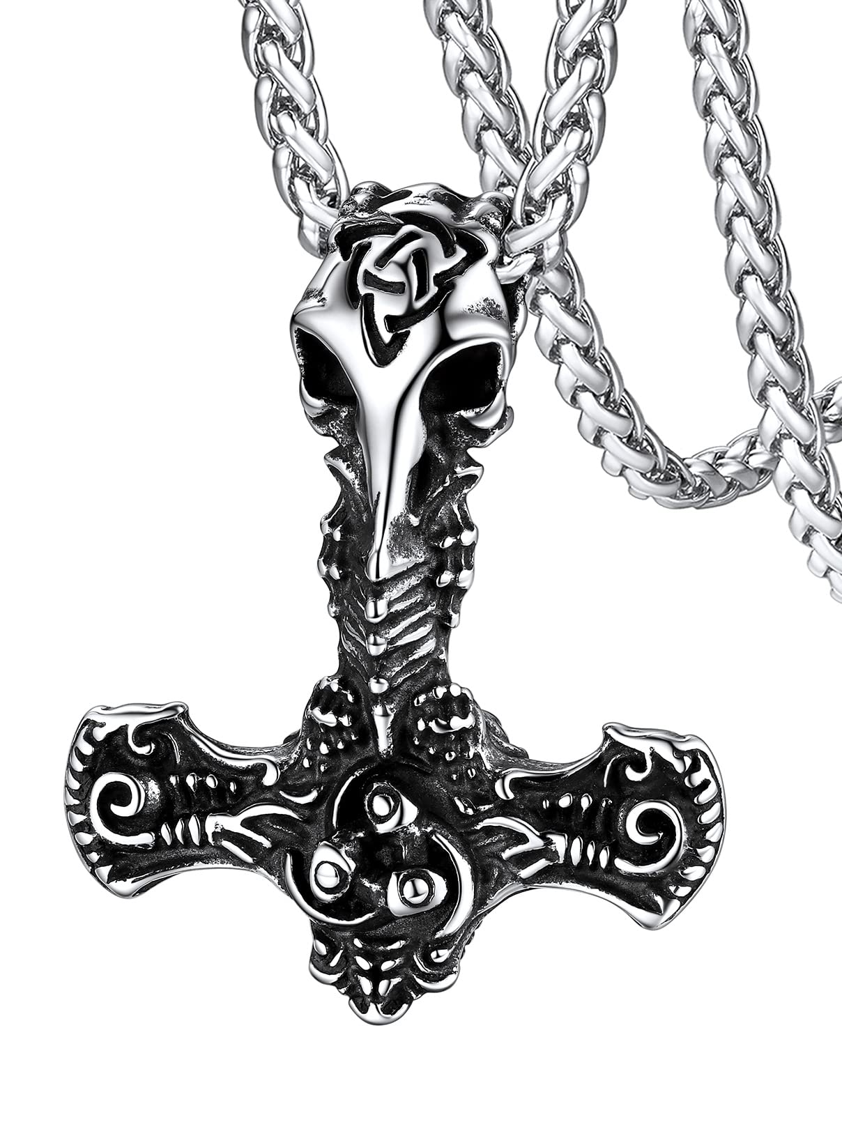 Viking Pendant Necklace, Thor's Hammer Necklaces for Men Stainless Steel Mjolnir Pendant Wheat Chain