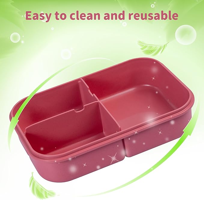 Wheat Straw Bento Box, BPA-Free Lunch Box for Kids & Adults - Leakproof 3-Compartment Lunch Containers with Utensil, Microwave/Dishwasher Safe, 5.5 Cup Muted Red