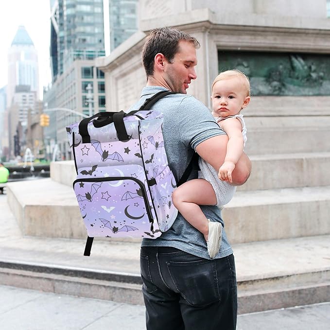 Diaper Bag Backpack Cute Bats Starry Sky Travel Diaper Bags for Women, 10L Functional Baby Changing Bag with Insulted Pockets, Stroller Straps