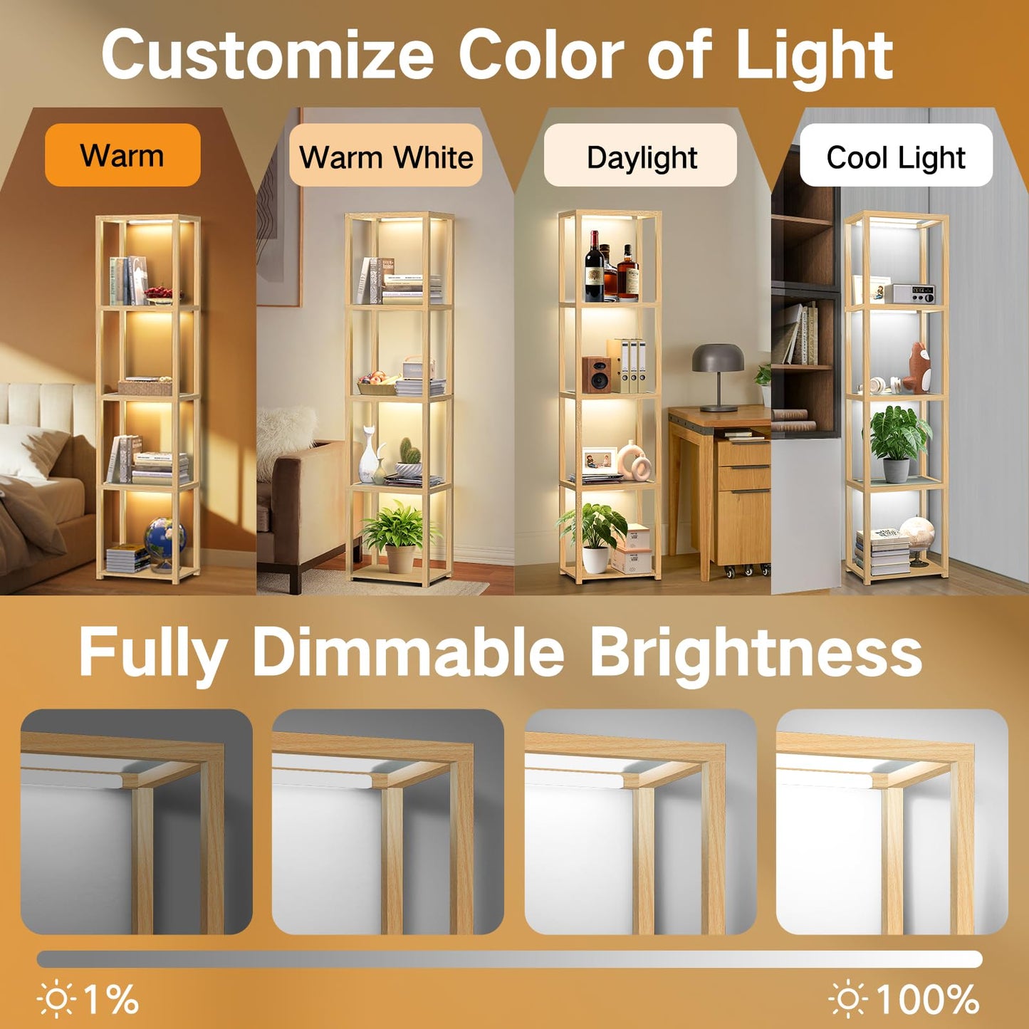 OUTON 67in Glass Display Shelf with LED Floor Lamp, 5 Tier Open Bookshelf, Wood, Model ZSJ01, Size 39x29x170 cm