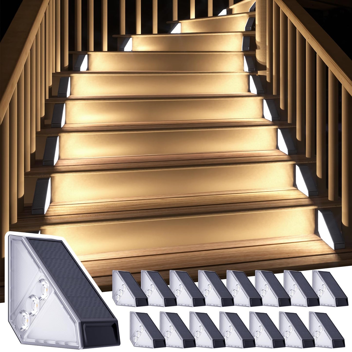 Roshwey Solar Step Lights For Outside  16 Pack Solar Powered Stair Lights Outdoor Waterproof  Triangle Deck Step Light  Outdoor Decor Lighting For Front Porch  Backyard  Patio  Cool White