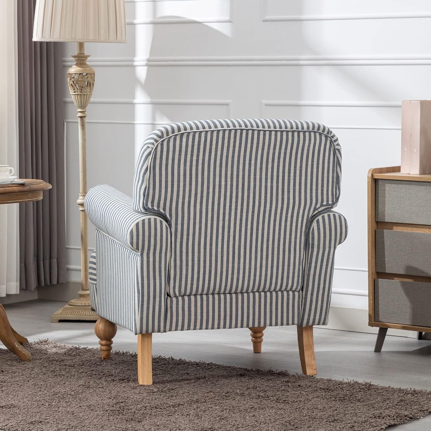 Mid Century Modern Accent Chair Linen Fabric Armchair Wide Reading Chairs Upholstered Lounge Chair for Bedroom/Living Room/Reception Room, Blue Stripe