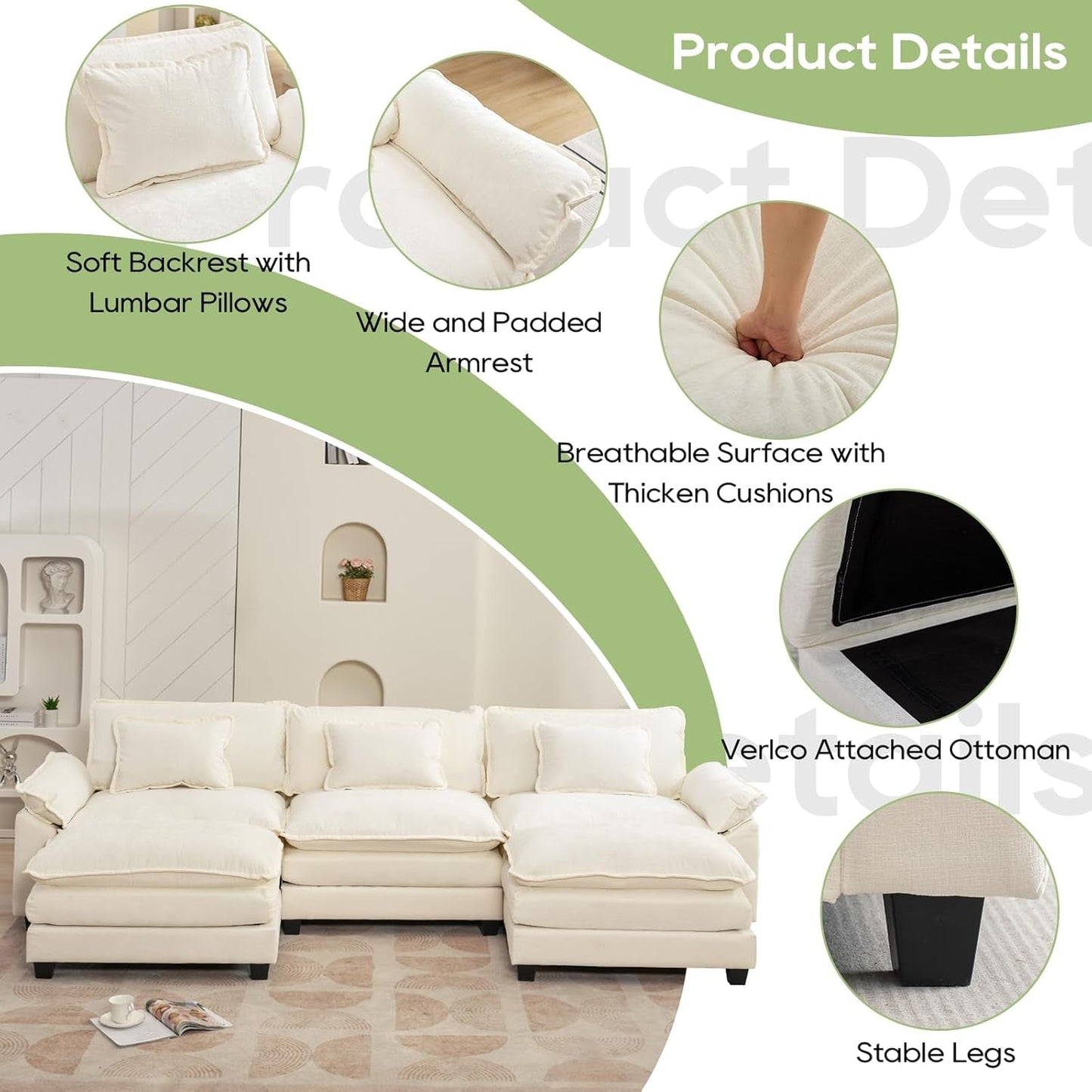 Modular Sectional Sofa, Comfy Cloud Couch Sectional Sofa with Ottoman, Chenille Sofa Sleeper Deep Seat Sofa with Throw Pillows for Living Room (Beige White, 120"- U Shape)