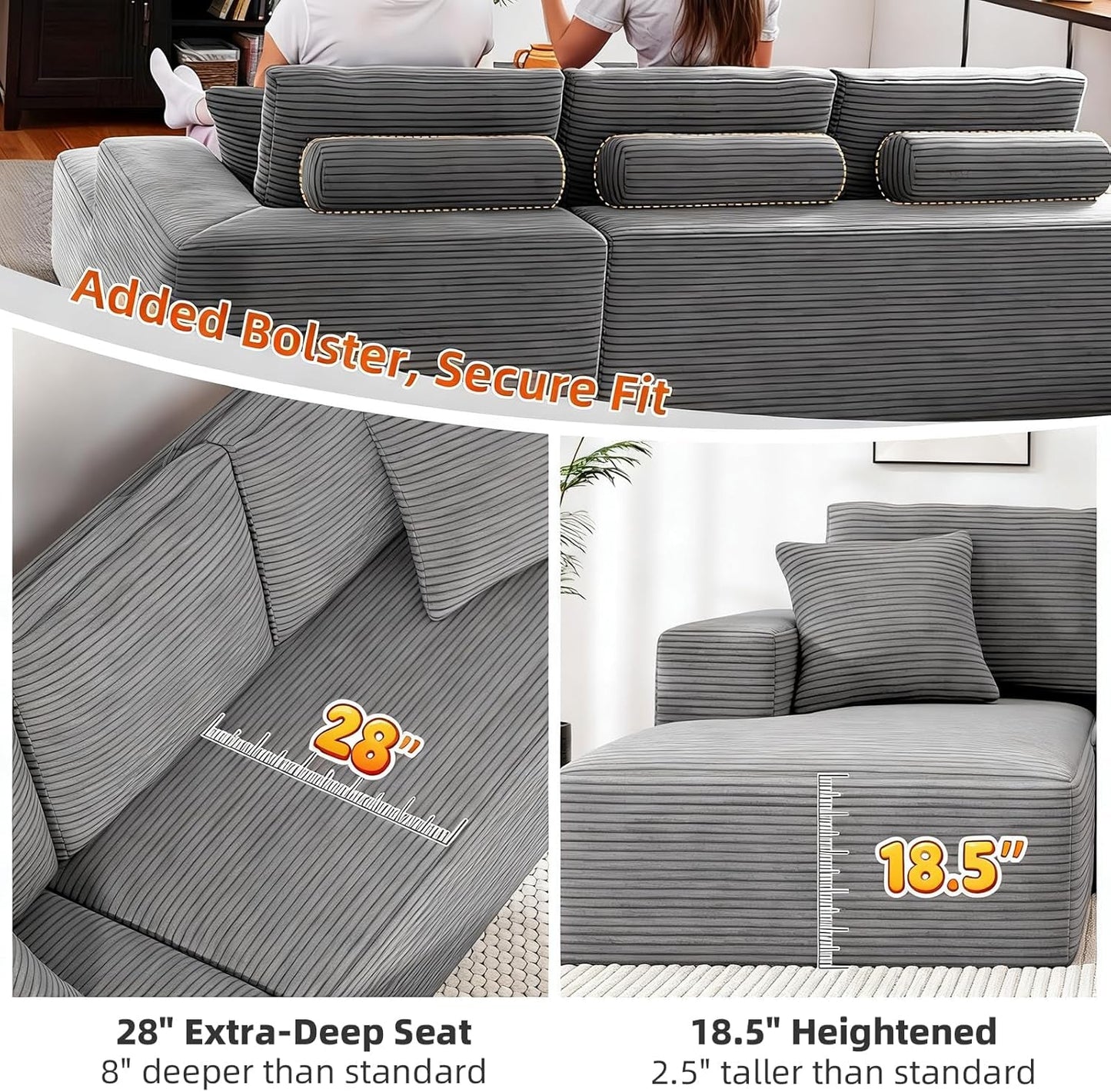 107" Boneless Couch, Sectional Couchs for Living Room & Bedroom, Cloud Couch with L-Shape Chaise Modern Modular Sofa with Deep Seat, No Assembly Required (Soft Gray)