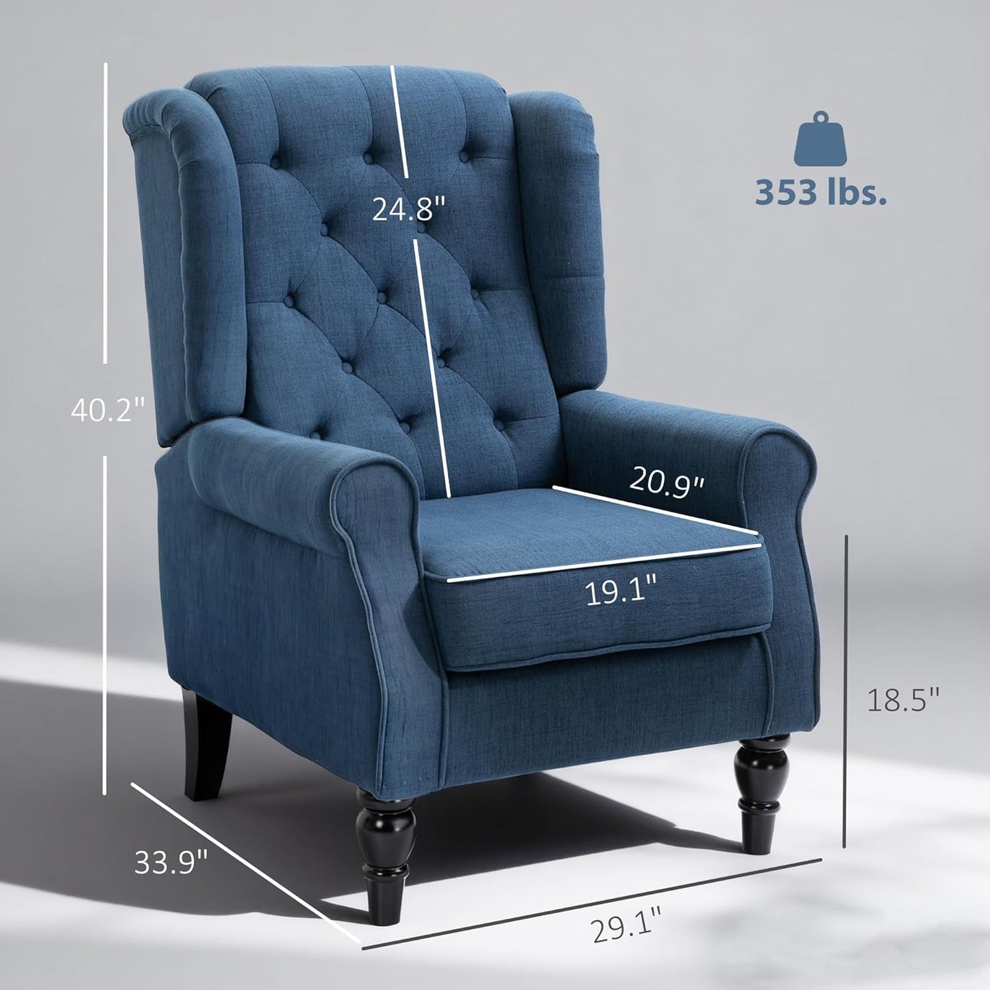 Mid-Century Modern Accent Chair, High Wingback Reading Chair, Button-Tufted Upholstered Fabric Armchair with Retro Wood Legs for Apartment, Living Room, Bedroom, Blue