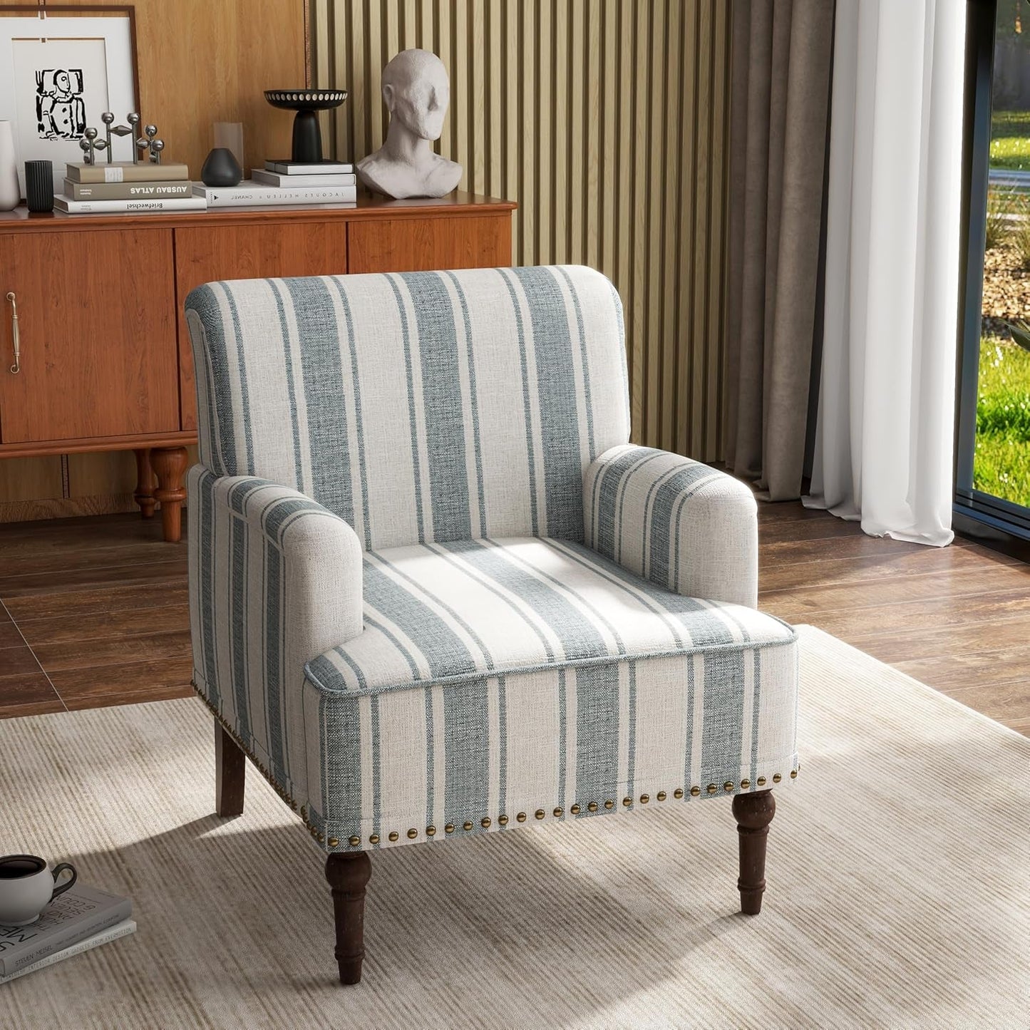 Stripe Accent Chair, Living Room Arm Chairs Modern Nailhead Trim Club Armchair with Wood Legs, Comfy Upholstered Sofa Lounge Seat Reading Seat Bedroom Side Seating for Home Office, Blue
