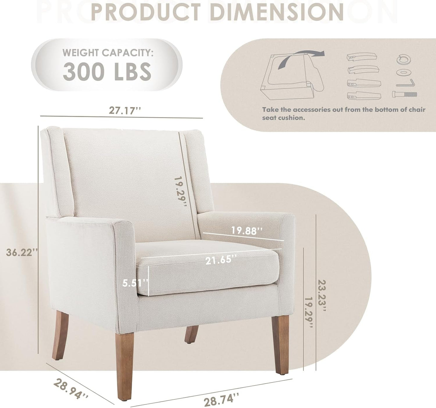 Modern Wingback Living Room Chair, Upholstered Fabric Accent Armchair, Single Sofa Chair with Lounge Seat and Wood Legs for Office/Bedroom/Reading Spaces, Beige