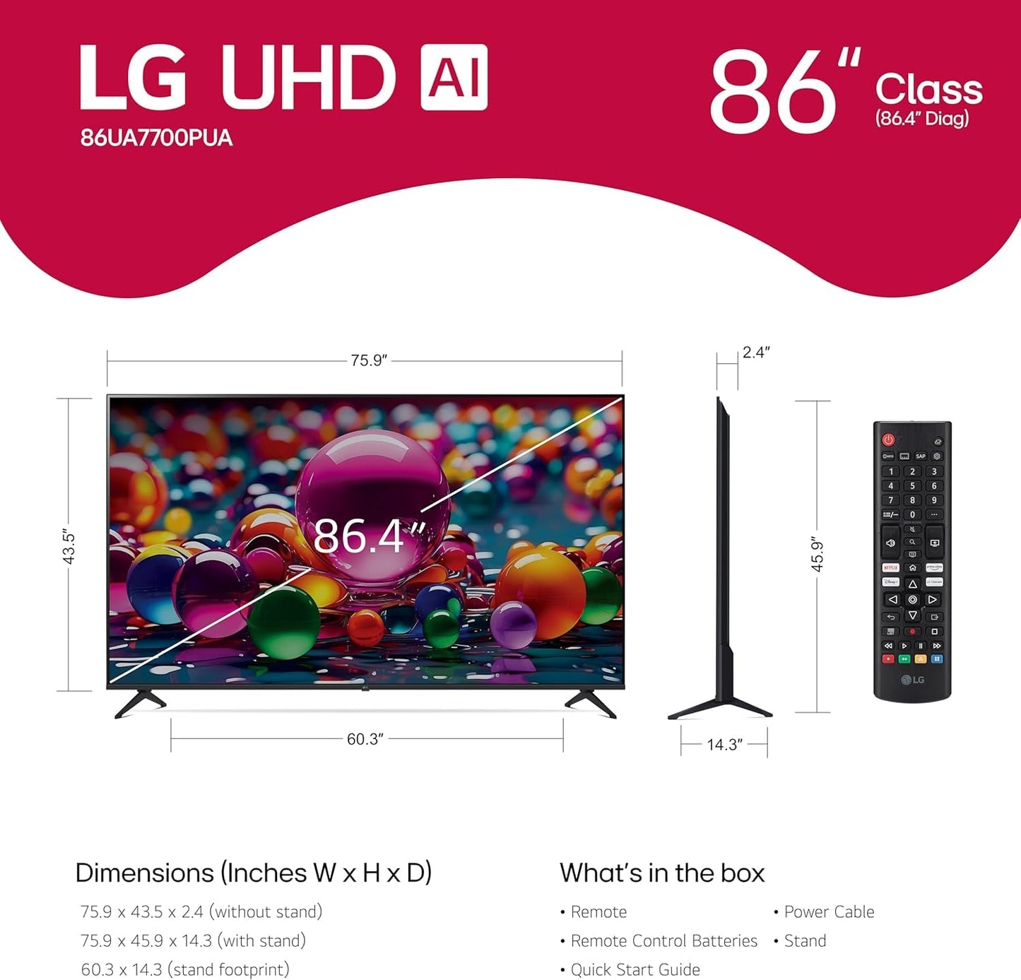 86-Inch Class UHD AI 4K UA77 Series Smart TV W/Ai Sound, HDR10, 4K Super Upscaling, Filmmaker Mode, Wow Orchestra, Compatible with Alexa (86UA7700PUA, 2025)