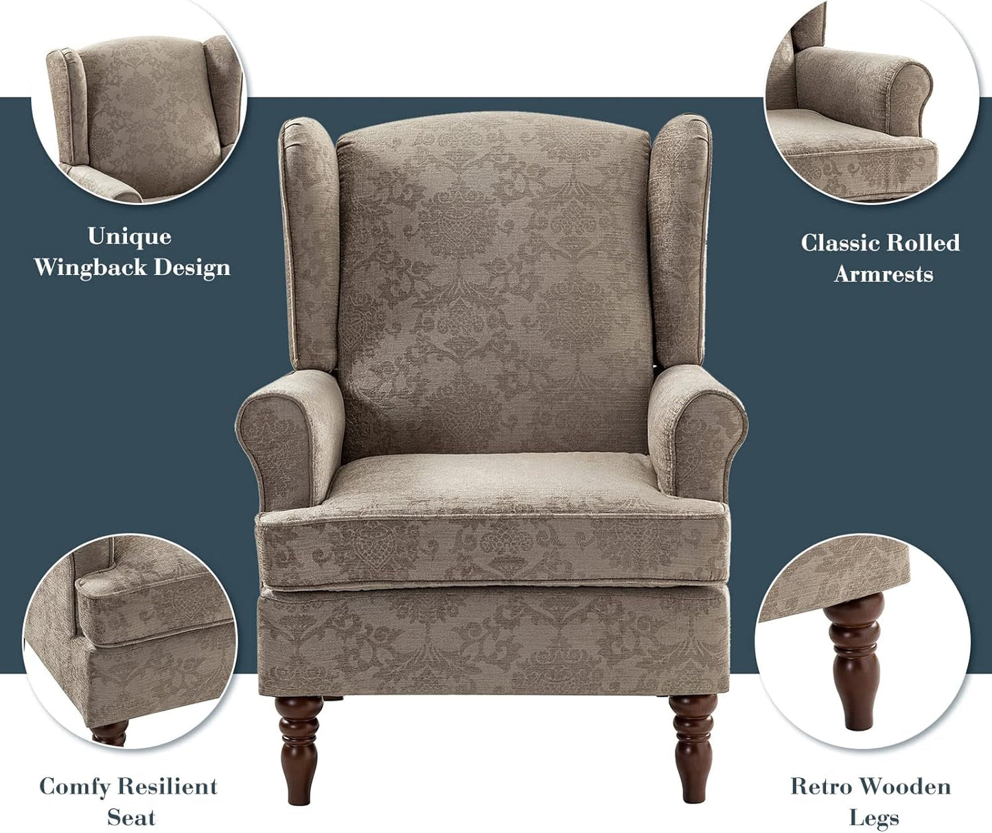 Wingback Accent Chair with Retro Wood Legs, Traditional Fabric Armchair for Living Room Bedroom, Comfy Upholstered Single Sofa Chair Reading Chair with Unique Pattern Design, Brocade