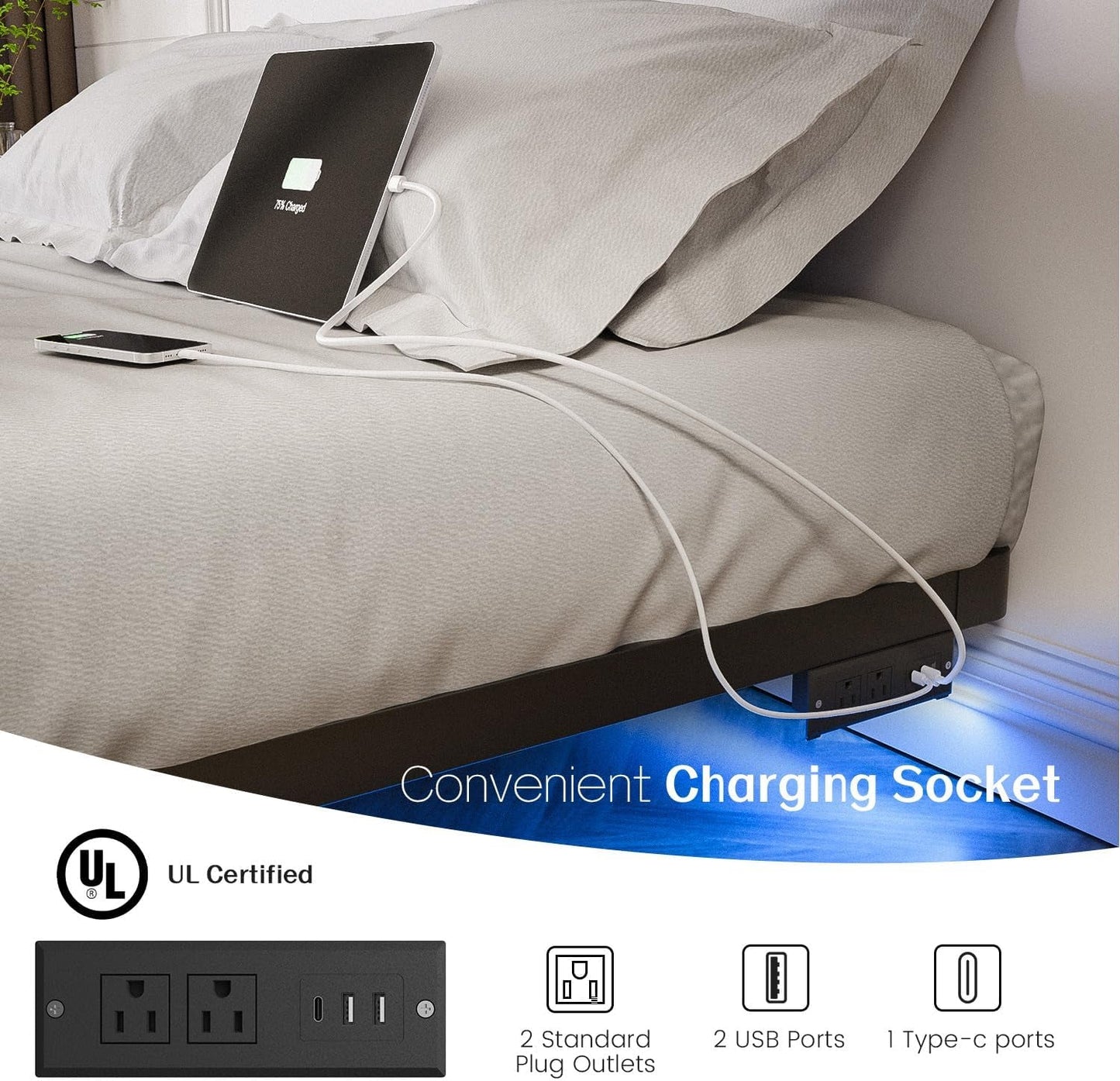 Floating Bed Frame Full Size with Smart LED Lights and Charging Station - Modern Metal Platform Bed, Easy Assembly No Box Spring Needed