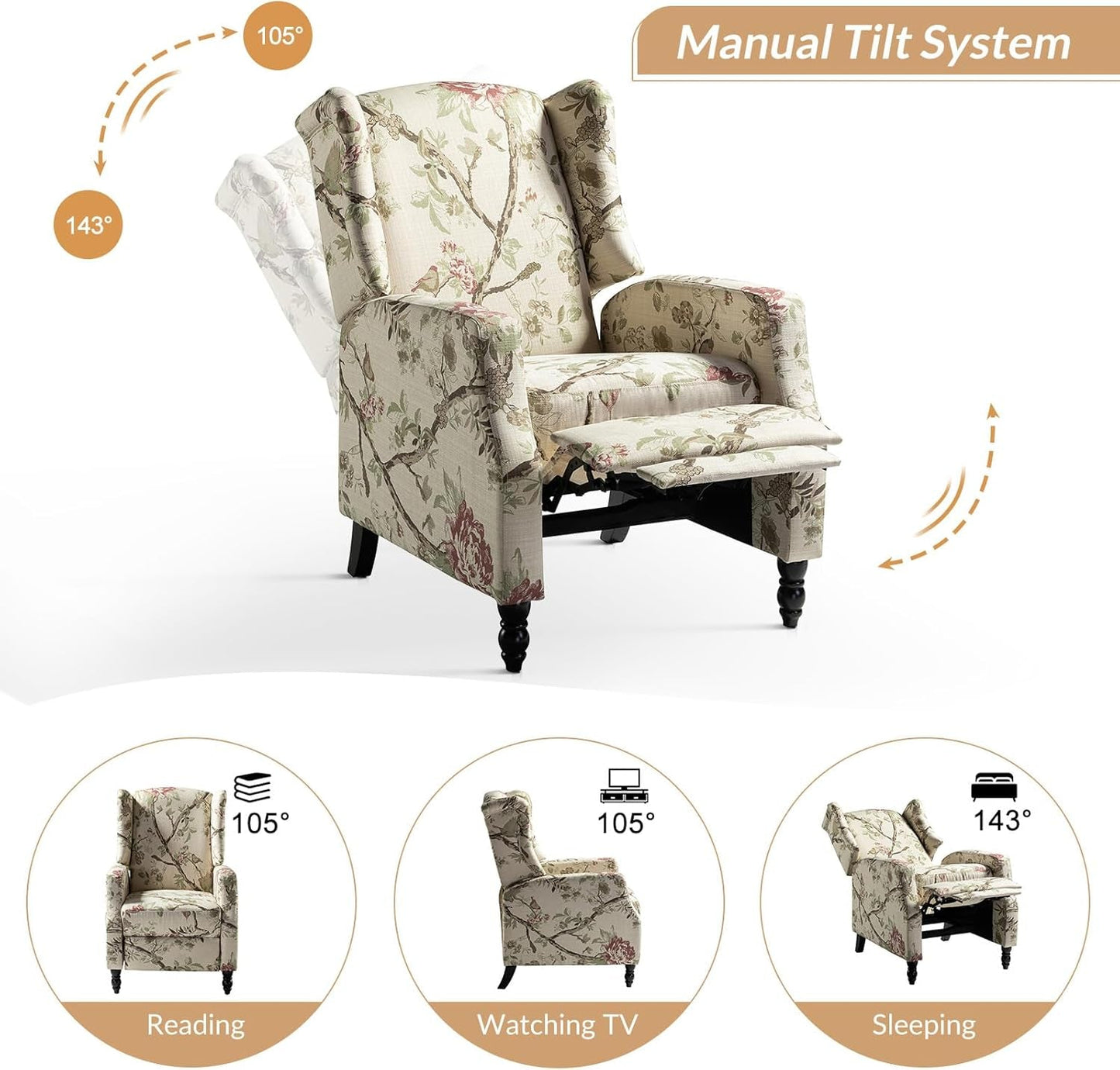 Wingback Recliner Chair, Traditional Push Back Recliner Single Sofa Chair with Solid Wood Legs, Modern Lounge Armchair for Living Room, Comfy Upholstered Accent Reclining, Bird