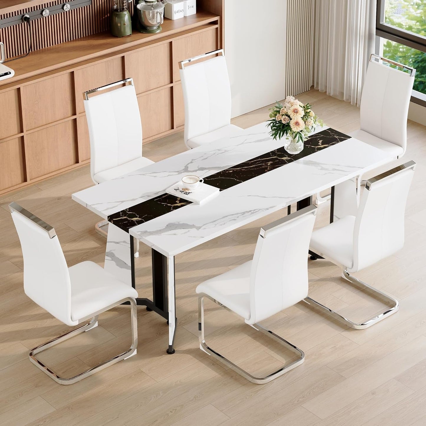 Dining Table Set for 6,White Marble 71'' Dining Room Table with Spacious Legroom and White Leather Dining Chairs,Easy Assembley,7 Pieces Kitchen Table and Chairs for Dining Room,Restaurant