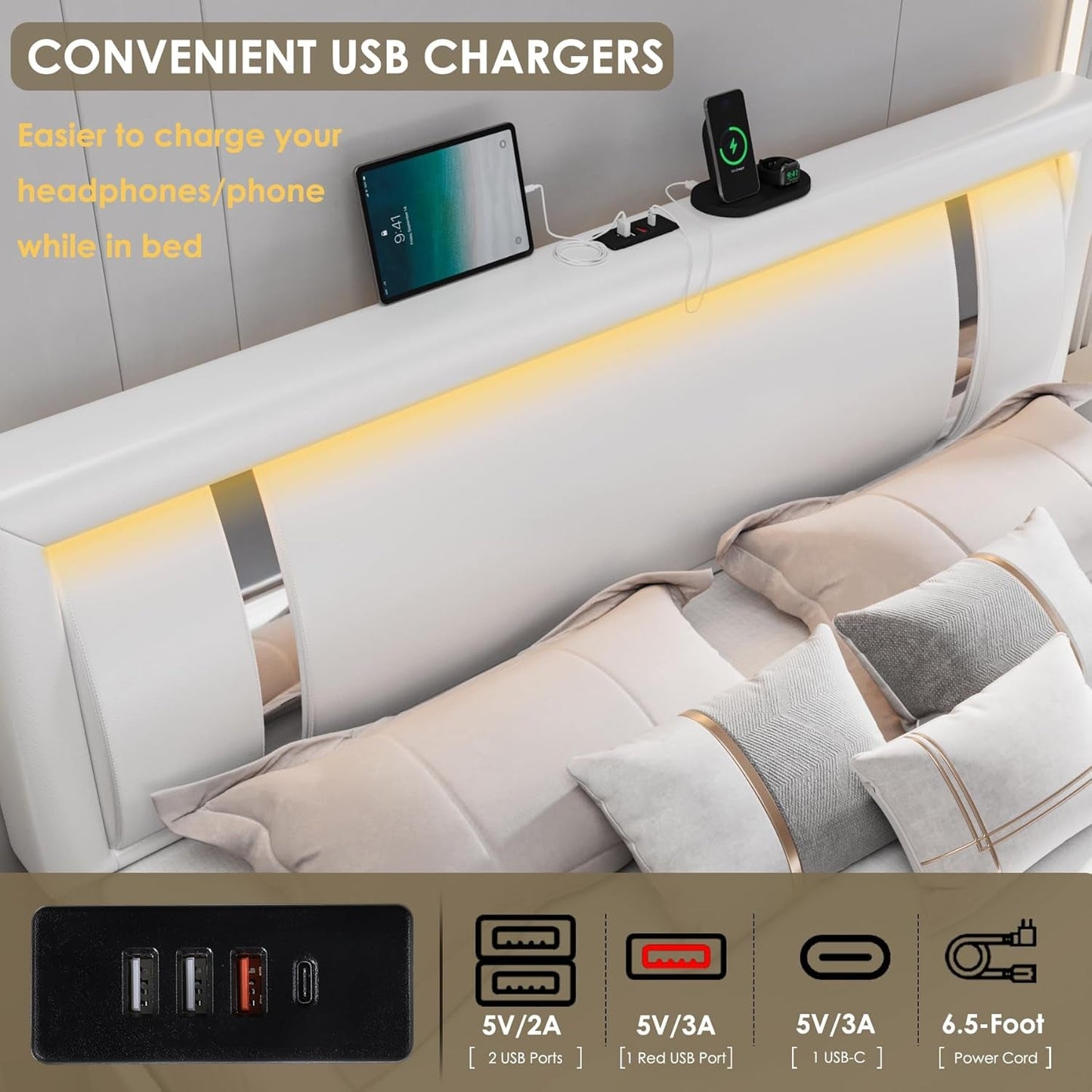 Queen Bed Frame with RGB LED Lights Headboard & 2 Storage Drawers, Modern Upholstered Faux Leather Smart Platform Iron Metal Decor, USB USB-C Charging Ports, No Box Spring Needed, White