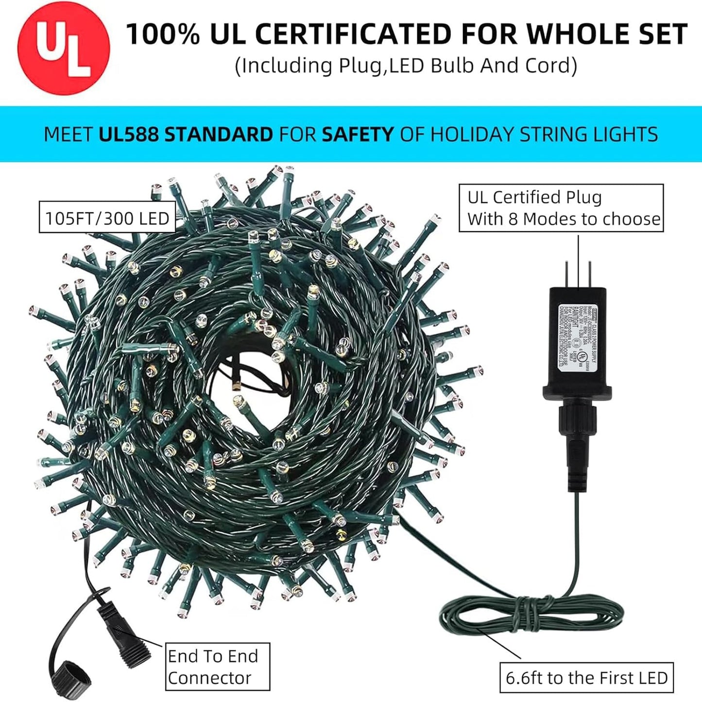 Mzd8391 Upgraded 105Ft 300Leds Christmas Lights Outdoor Indoor String Lights 8 Modes Memory Function For Christmas Tree Party Decoration (Green)