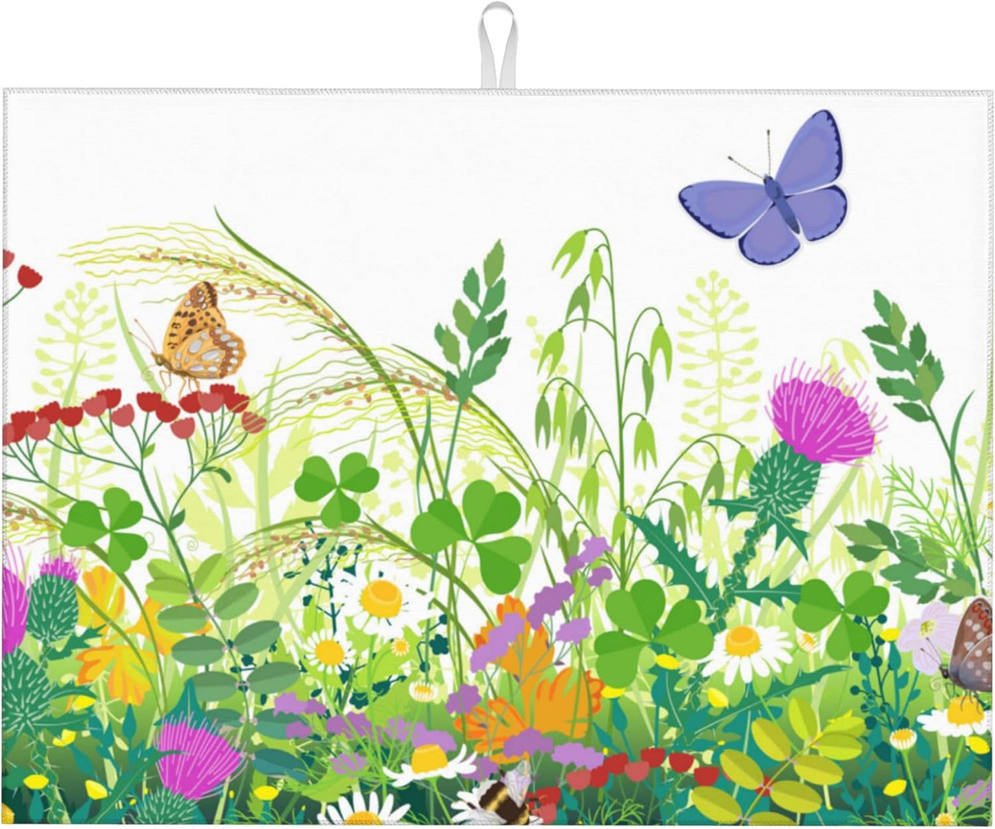 Large Dish Drying Mat for Kitchen Counter,18"X24" Meadow Plants Flowers and Butterflies Absorbent Reversible Microfiber Dish Drying Mat Dish Drainer Mat,Drying Pad for Kitchen Countertop Coffee Bar