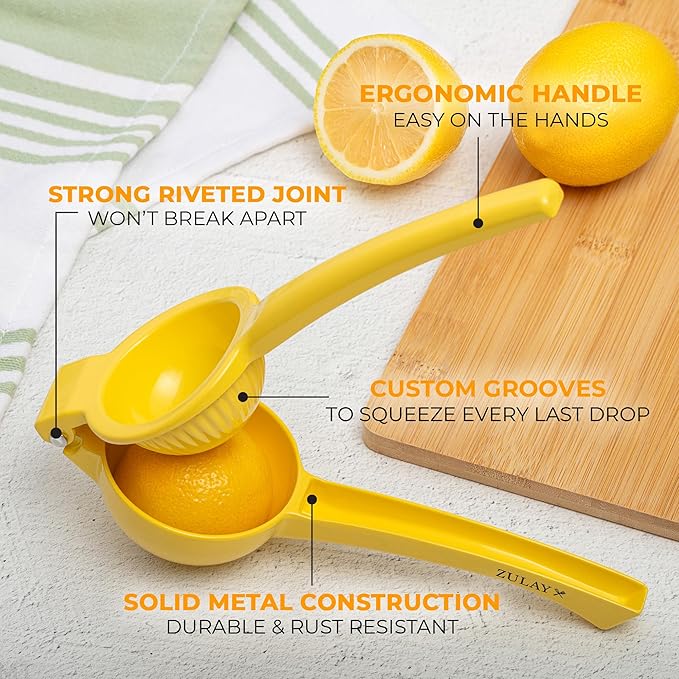 Zulay Kitchen Metal Lemon Squeezer - Handheld Lemon Juicer Squeezer - Easy to Use Citrus Juicer - Manual Press for Extracting the Most Juice Possible - Extracts Every Last Drop