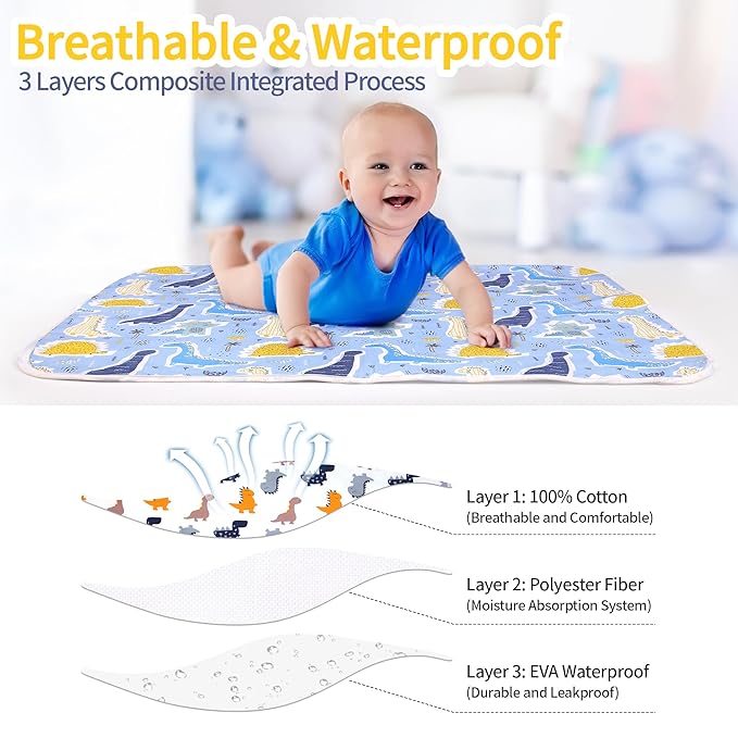 2Pcs Diaper Changing Pads for Baby, Dinosaur Change Mat, 3Layers Waterproof Change Pad Foldable Absorbent Mats for Women, Reusable Incontinence Underpads for Patient 24''x30'' (Colorful Dinosaur)
