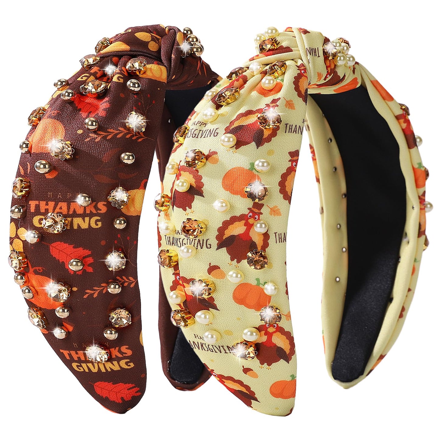 IDDFEVE 2Pcs Thanksgiving Day Headbands for Women - Turkey & Letter Rhinestone Knotted Hair Hoops, Fall Pumpkin Autumn Maple Lea