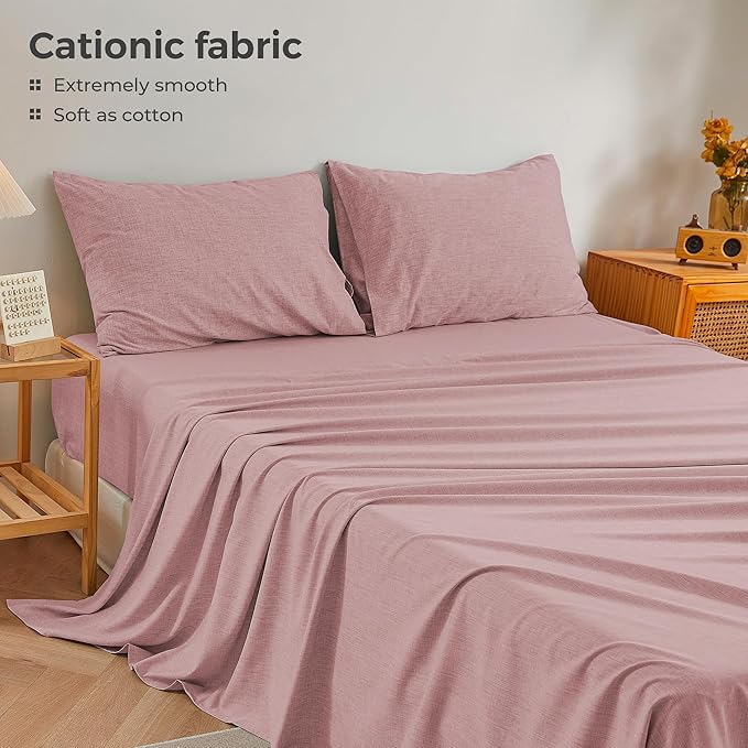Queen Sheets Wine Red, Ultral Soft Cationic Linen Look Sheets, Luxury Cooling Cozy Bed Sheet Set with Non-Slip Fitted Sheet