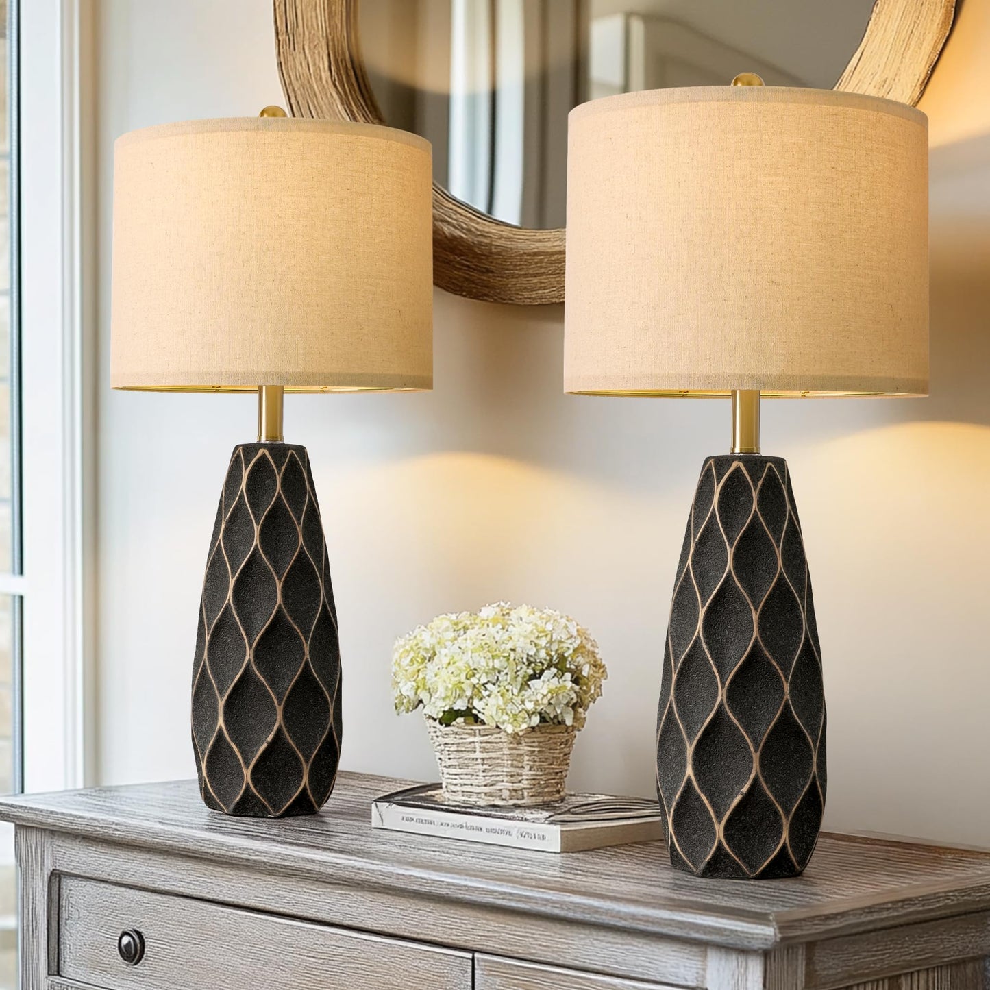 Portres 27.5 Ceramic Table Lamps For Bedroom Living Room Lamps Set Of 2 Modern Bedside Nightstand Lamp Farmhouse Vintage Rustic Boho Retro Large Table Lamps Light Home Office Desk Deco Gifts  Black