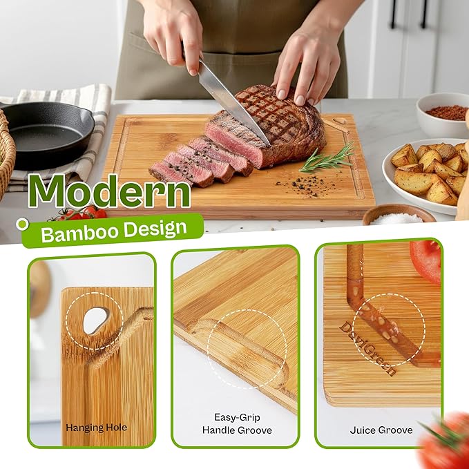 Bamboo Cutting Board Set – 3-Piece Wood Cutting Boards for Kitchen, Non-Toxic Chopping Board with Deep Juice Groove & Hanging Hole, 0.8-Inch Thick, Natural Food-Safe Board Set